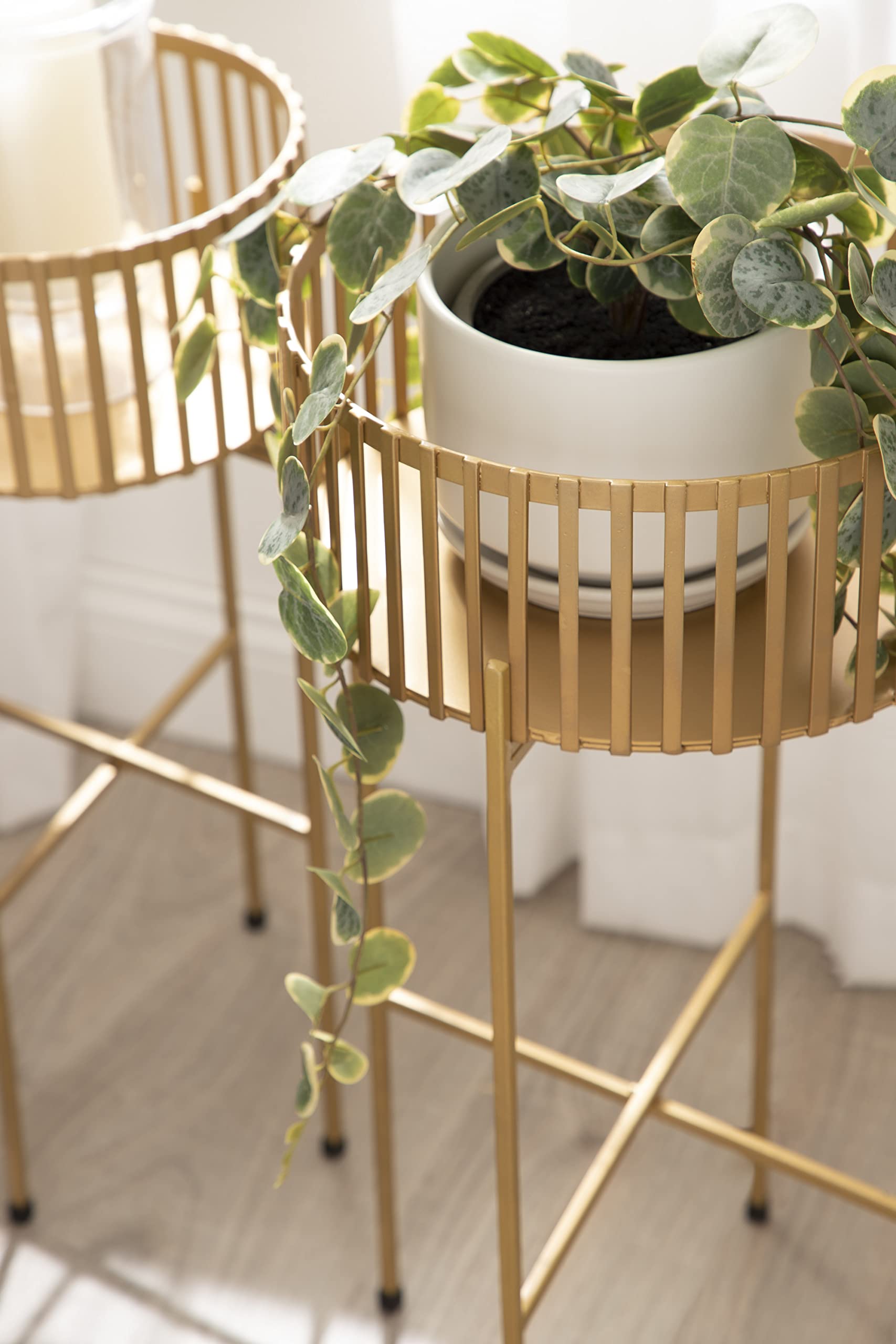 Modern Two-Piece Shallow Metal Plant Stand Set