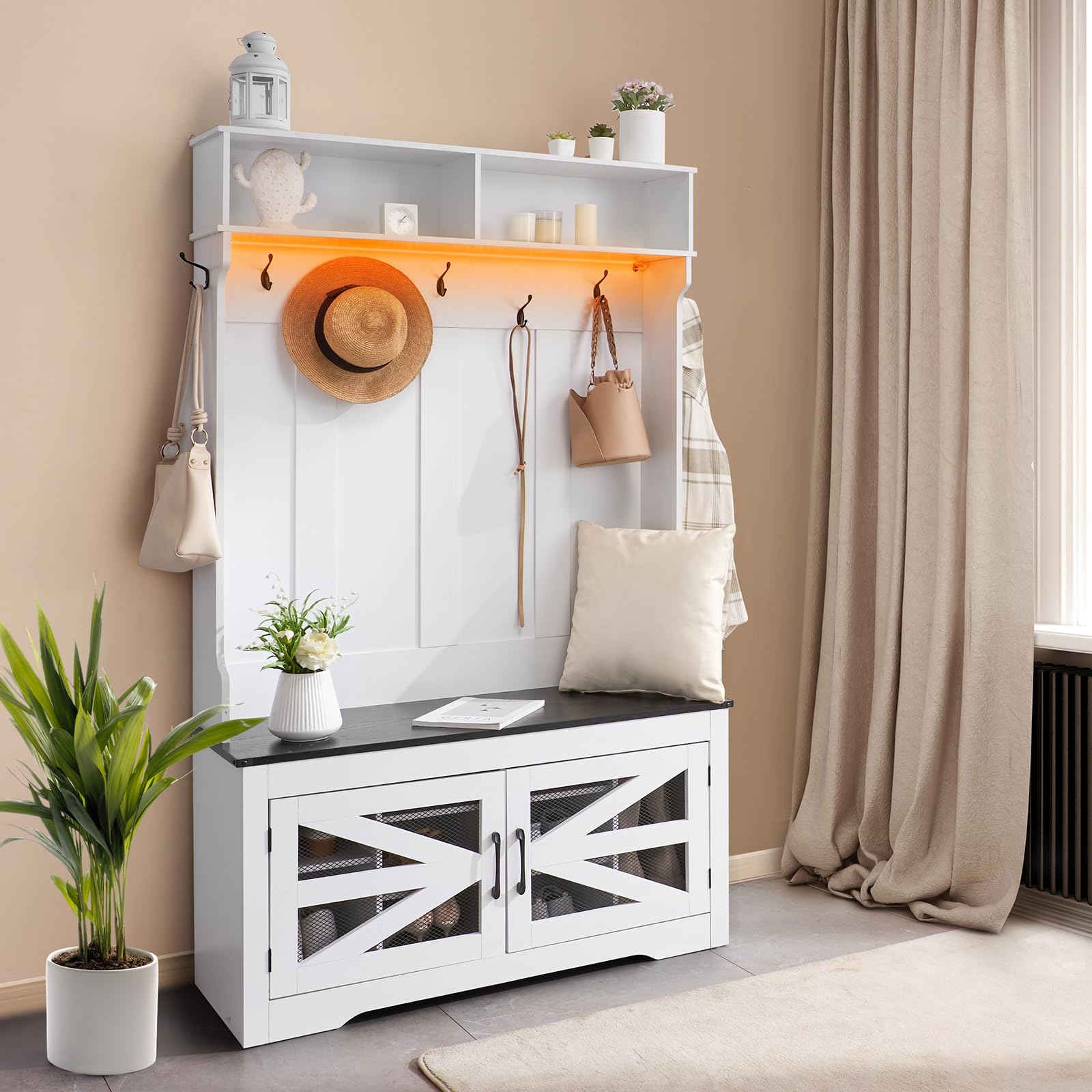 Hall Tree Entryway Bench with LED Coat Rack