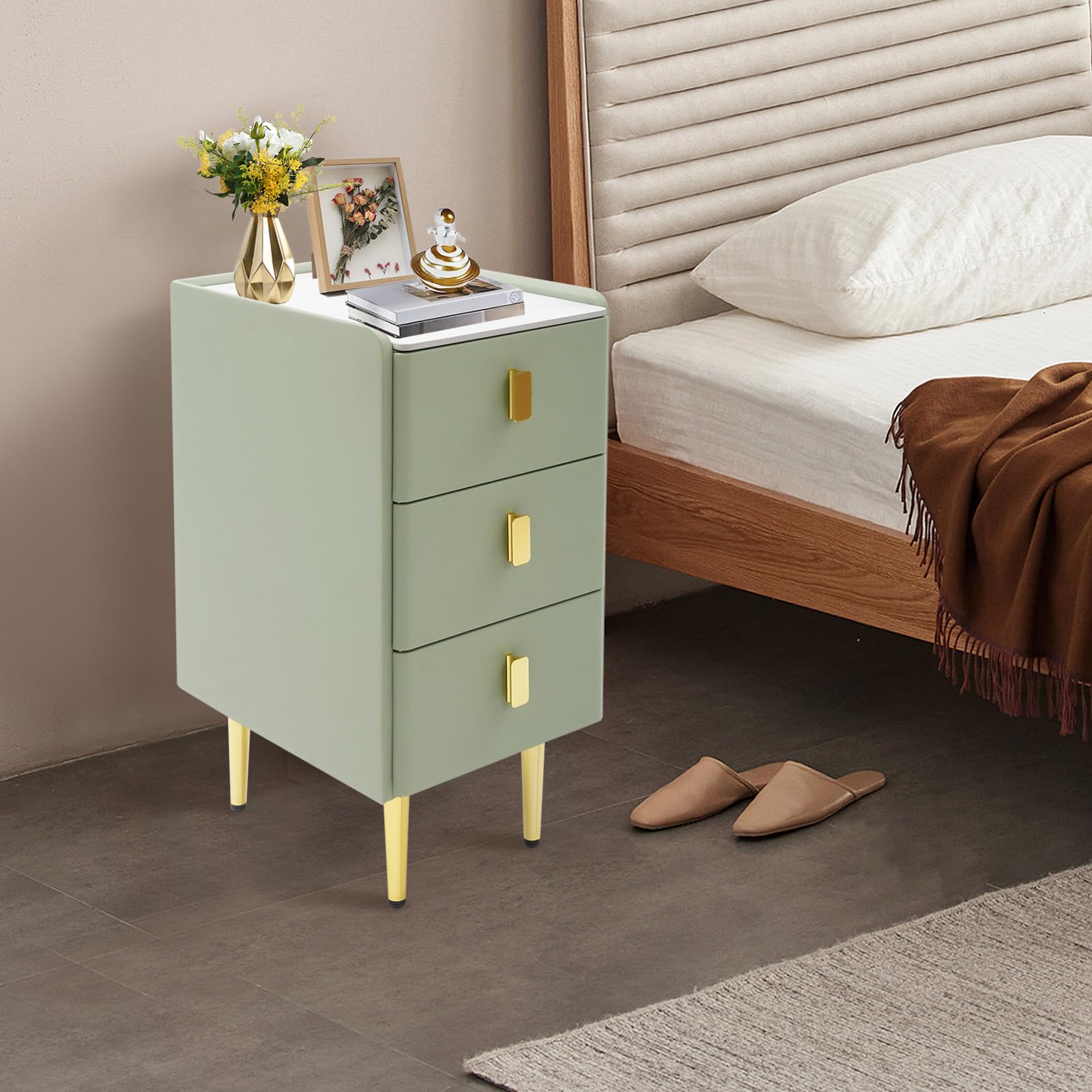 Nightstand with Drawers and Metal Legs