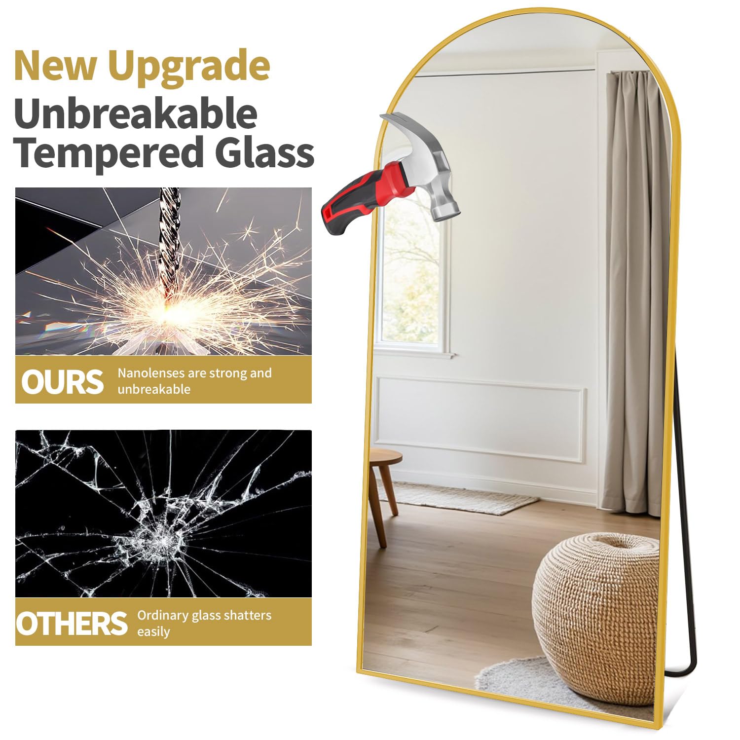 Arched Full Length Mirror 70x26 Gold Aluminum Frame