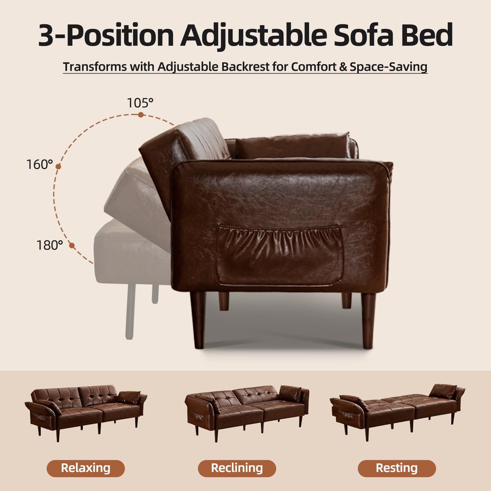Convertible Futon Sofa Bed with Adjustable Armrests