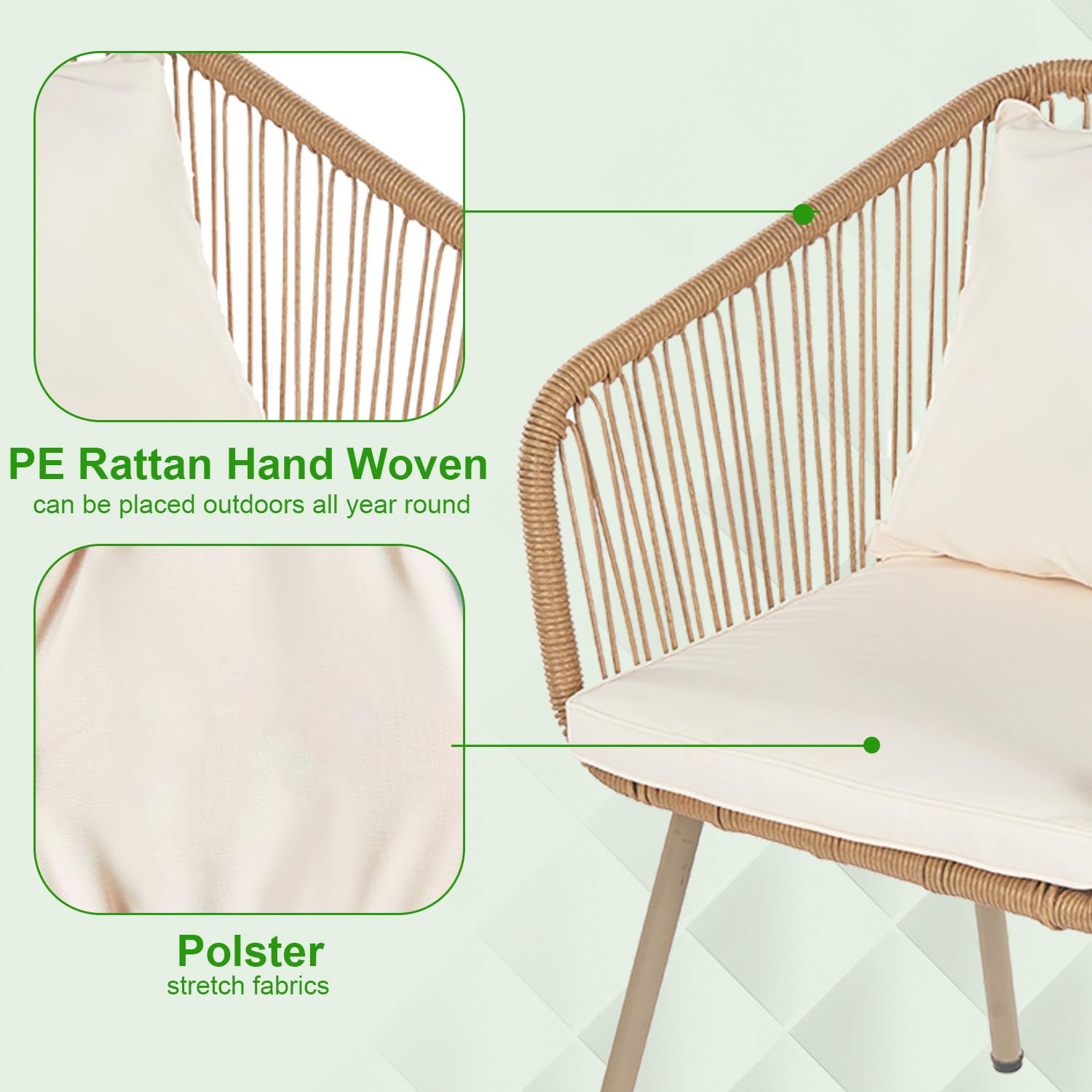 3-Piece Rattan Patio Bistro Set with Cushions