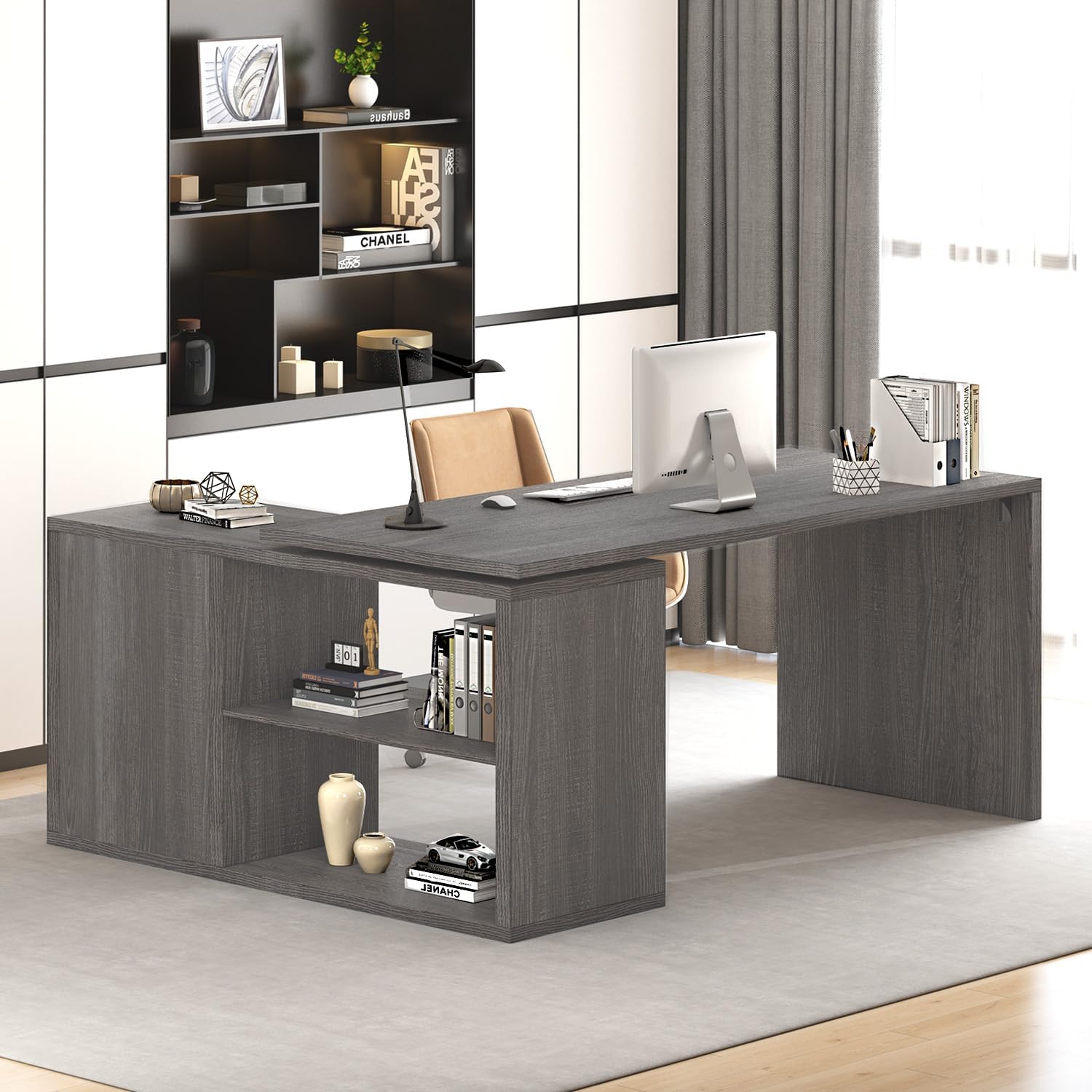L-Shaped Corner Desk with Storage Shelves