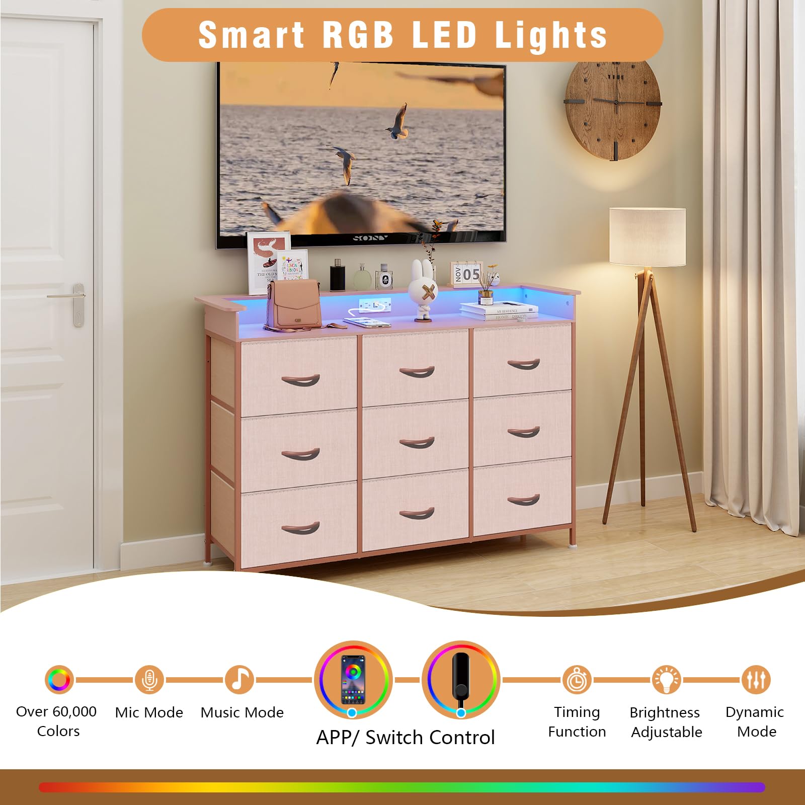 9-Drawer Dresser with LED Lights and Charging Station