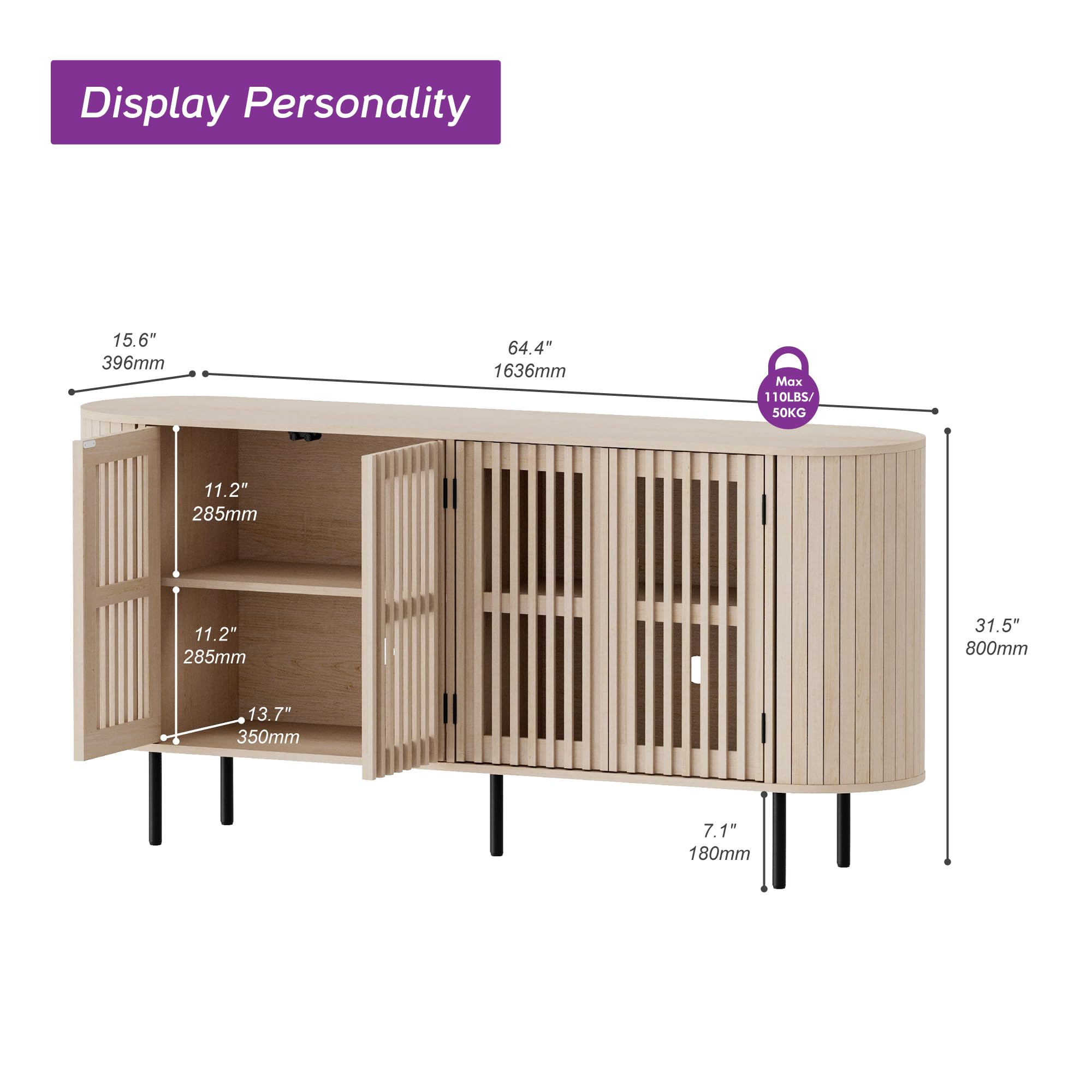 Fluted Sideboard Buffet Cabinet with 4 Doors