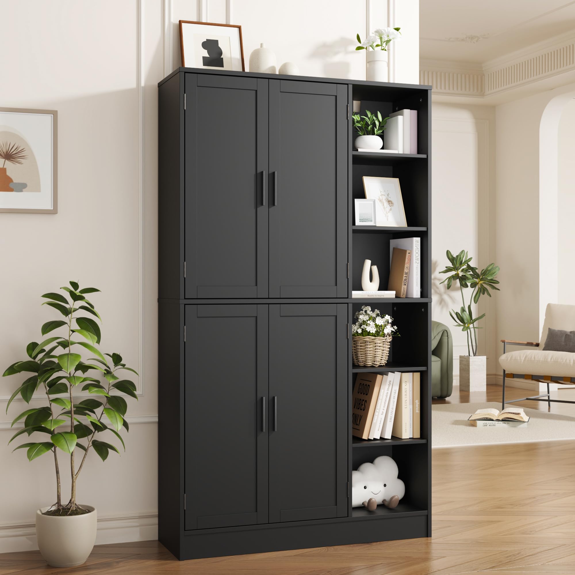 63" Tall Black Kitchen Pantry Storage Cabinet