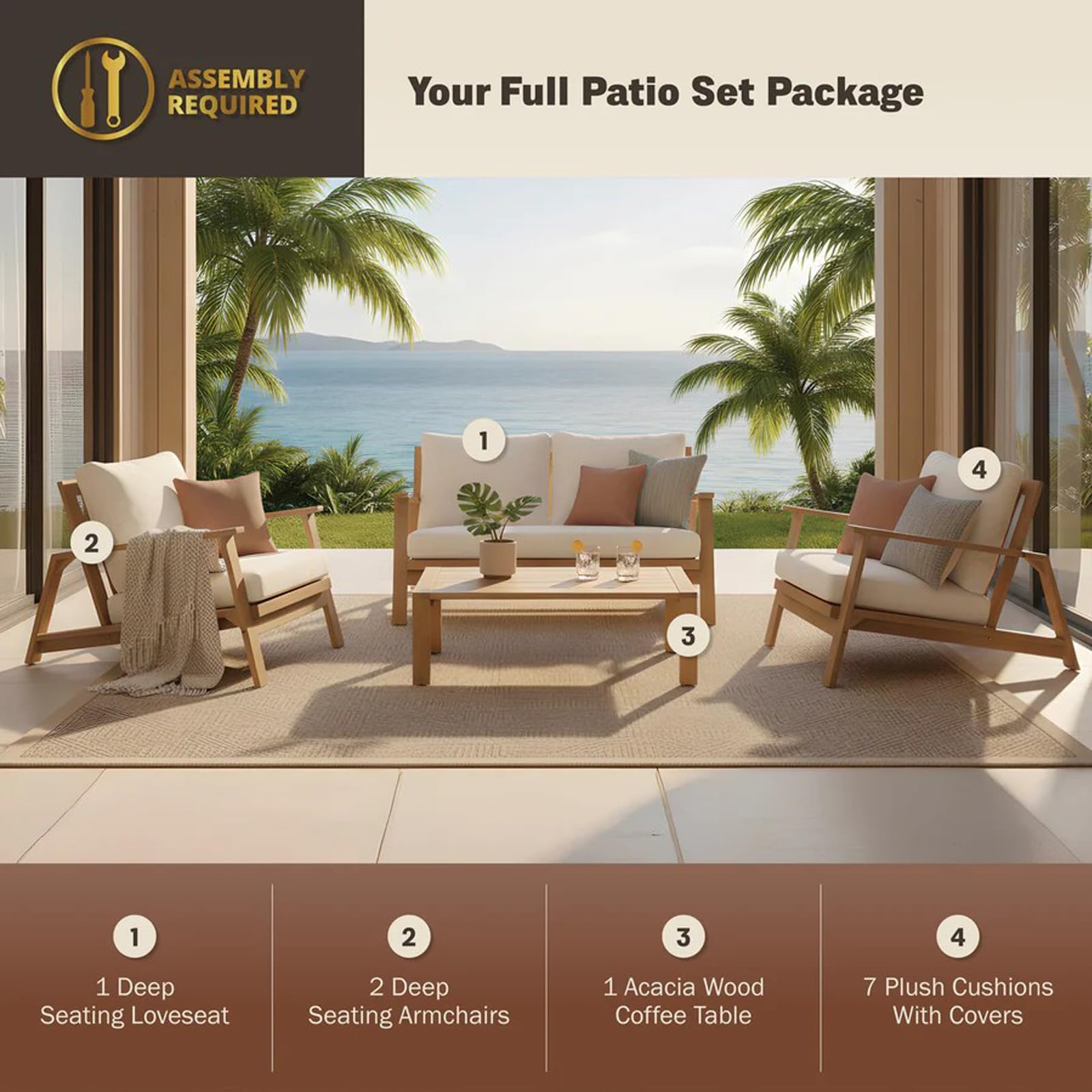 4-Piece Acacia Wood Outdoor Sectional Sofa Set