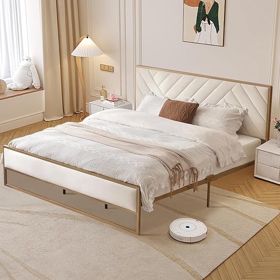 Full Size Velvet Upholstered Platform Bed with Rounded Metal Frame