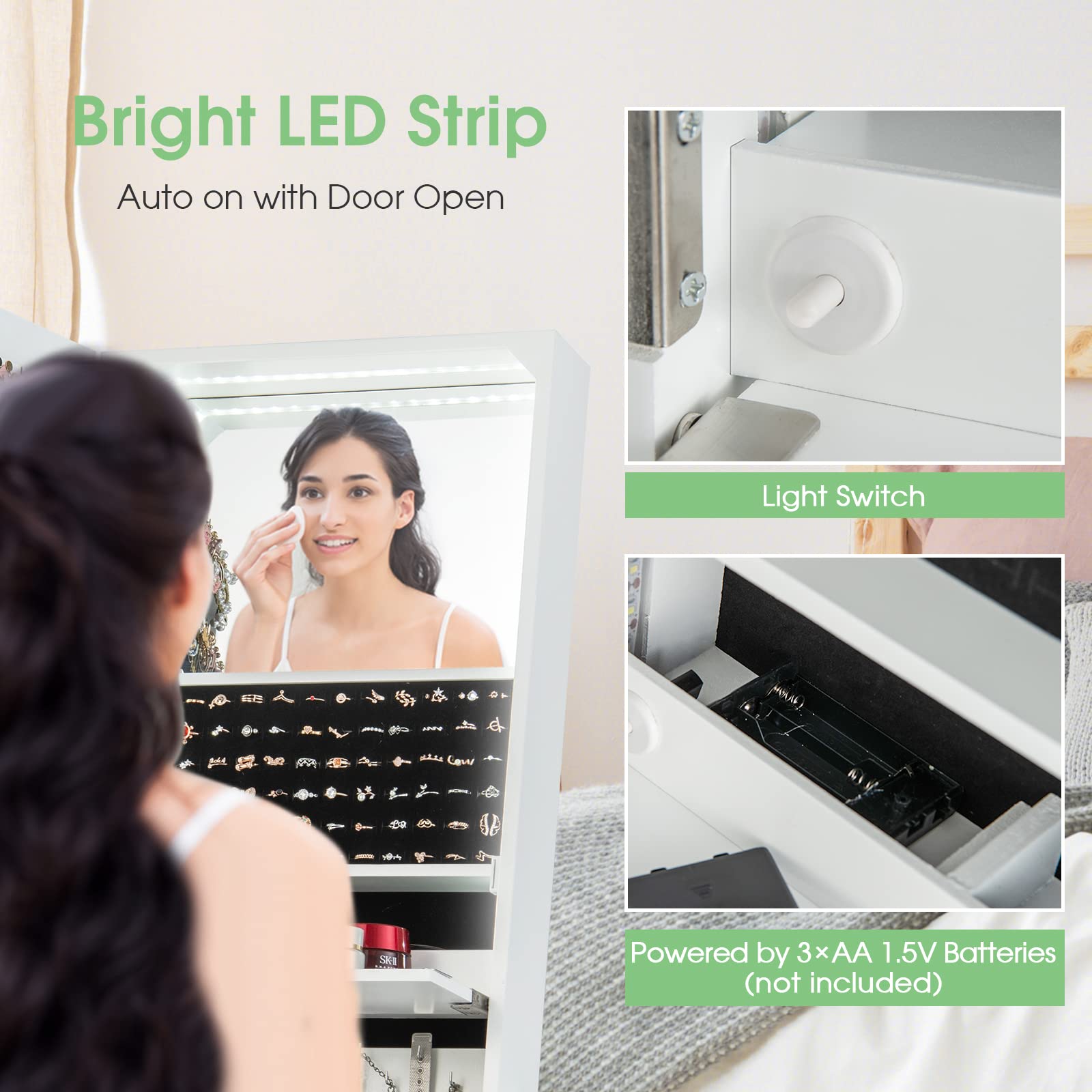 Jewelry Cabinet with LED Light Strip and Full Length Mirror