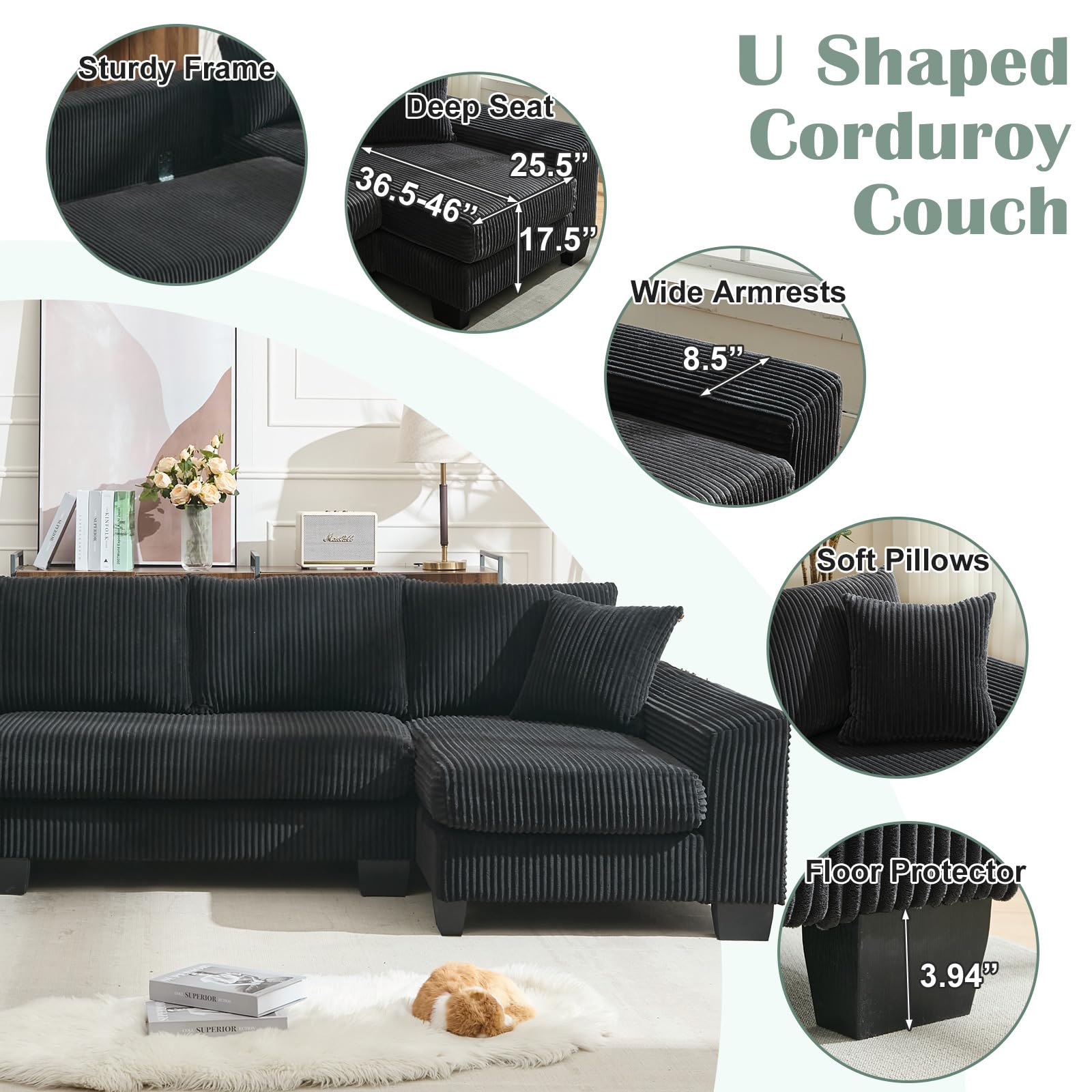 U-Shaped Modular Sectional Sofa with Pull-Out Bed