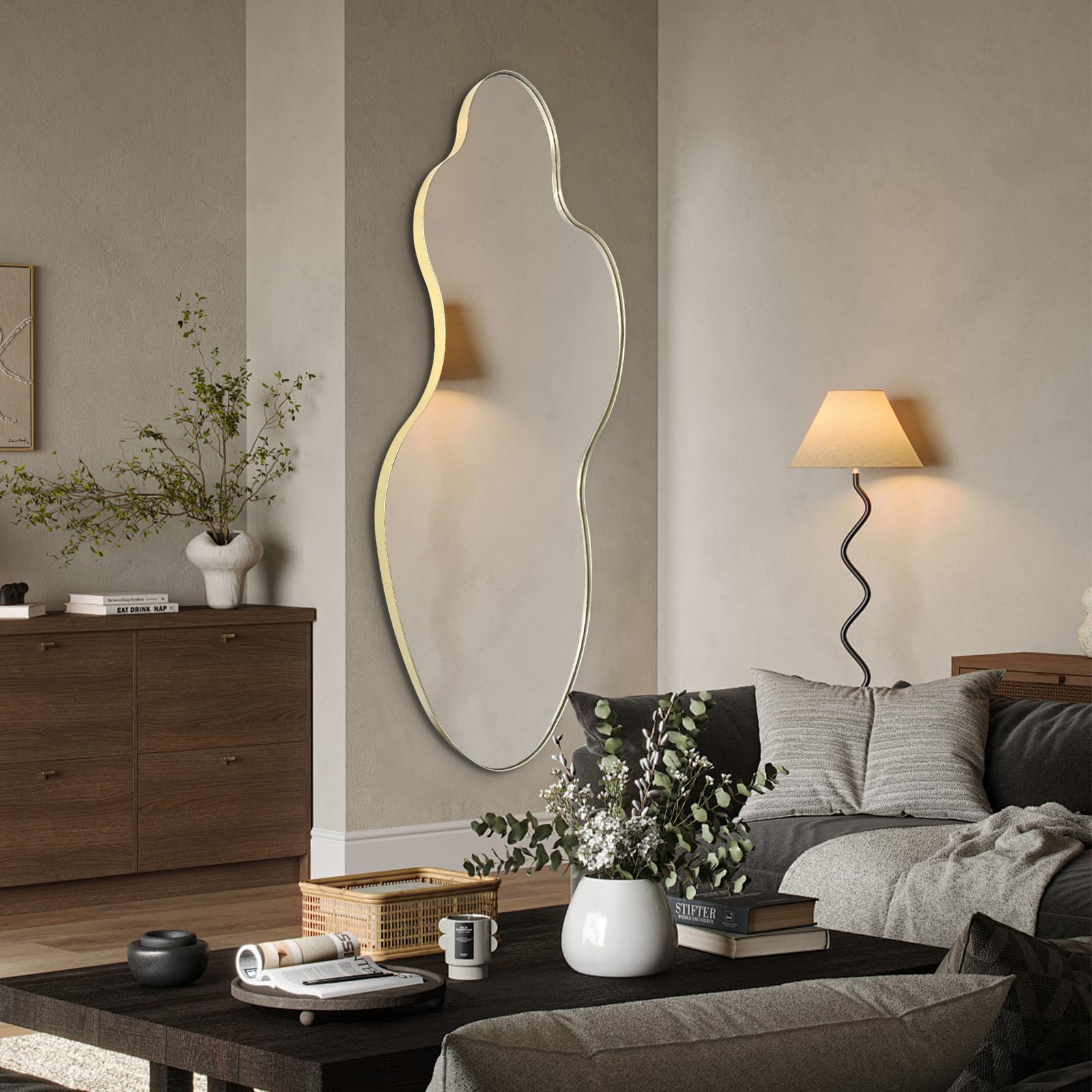 Irregular Asymmetrical Wall Mirror 55x26 with Gold Metal Frame