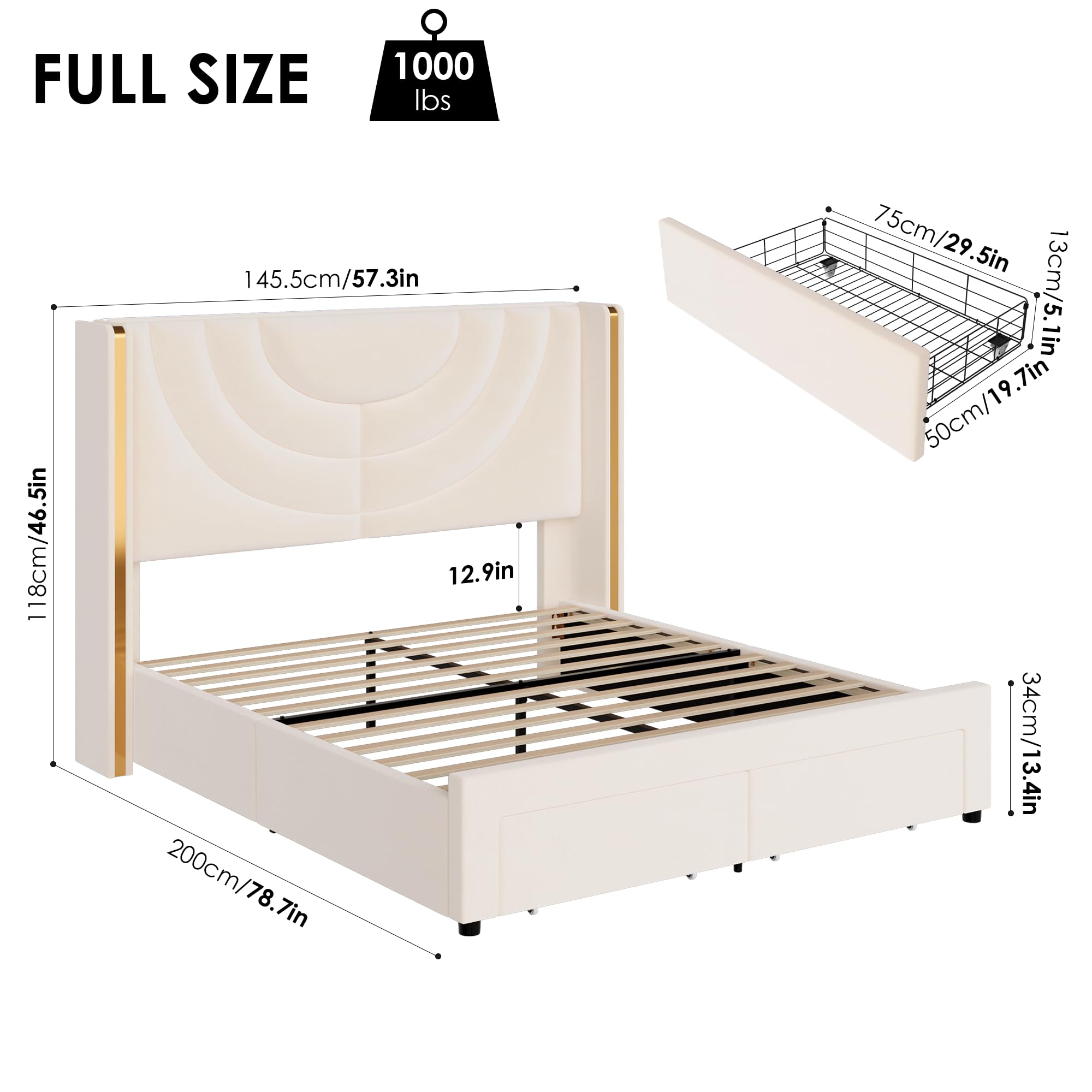 Full Upholstered LED Bed Frame with Storage Drawers