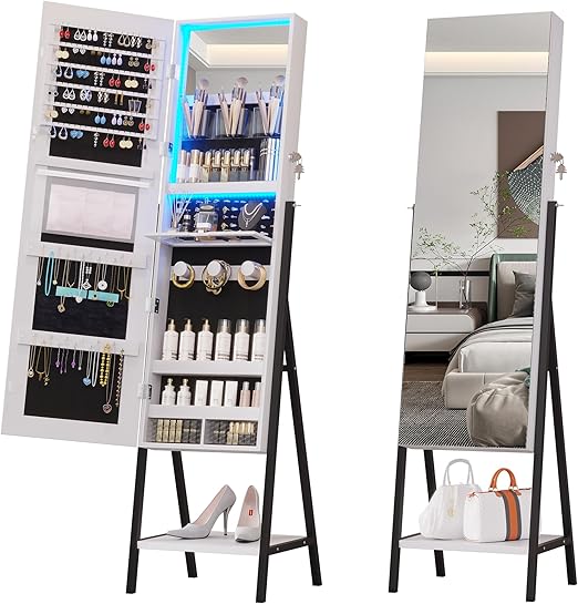 360° Swivel Jewelry Cabinet with Full Length Mirror and LED Lights