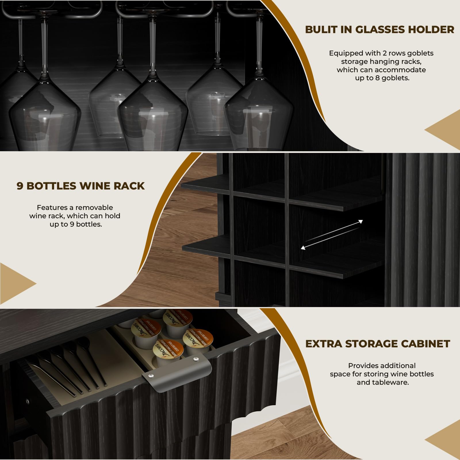 Fluted Coffee Bar Cabinet with Wine Rack & Glass Holder