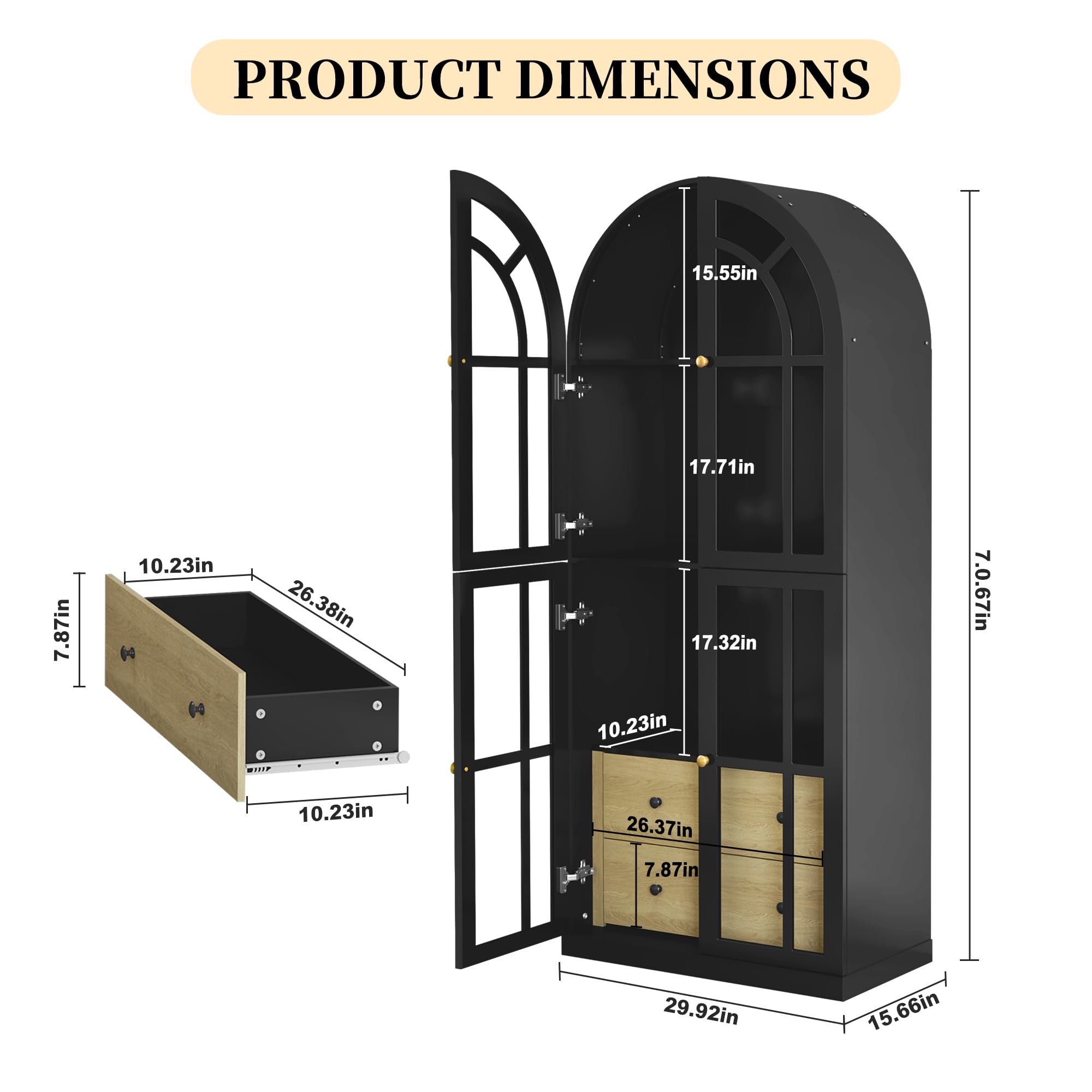 Arched Glass Door Cabinet with Drawers and Shelves