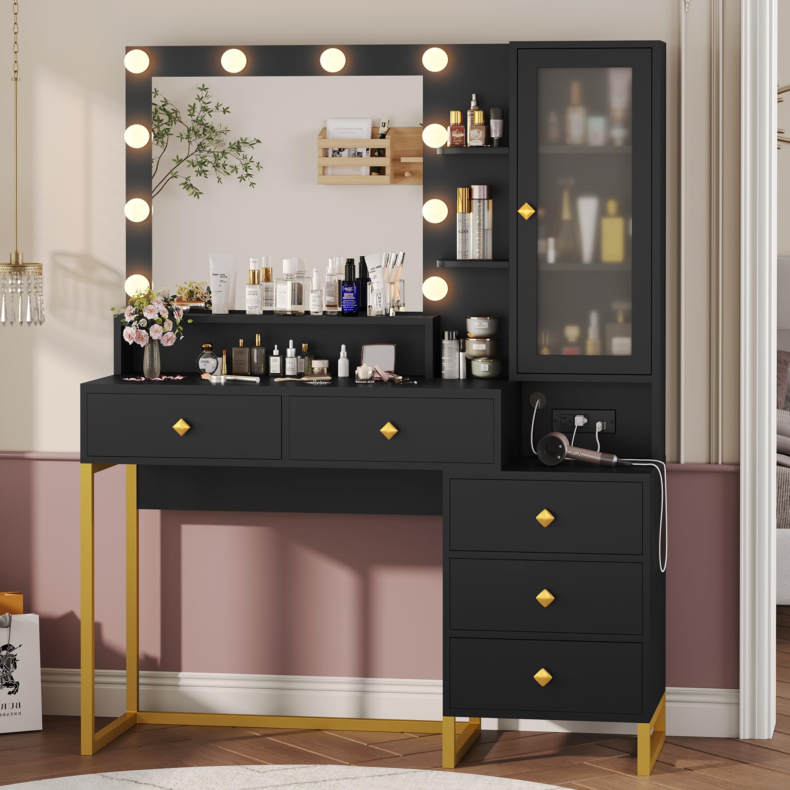 Large Makeup Vanity with Lights and Charging Station