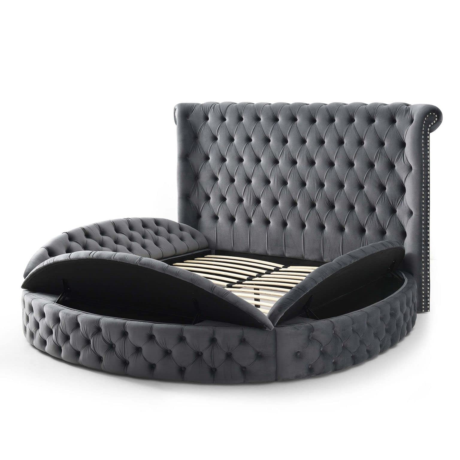 Upholstered Round Storage Bed Grey Velvet Queen
