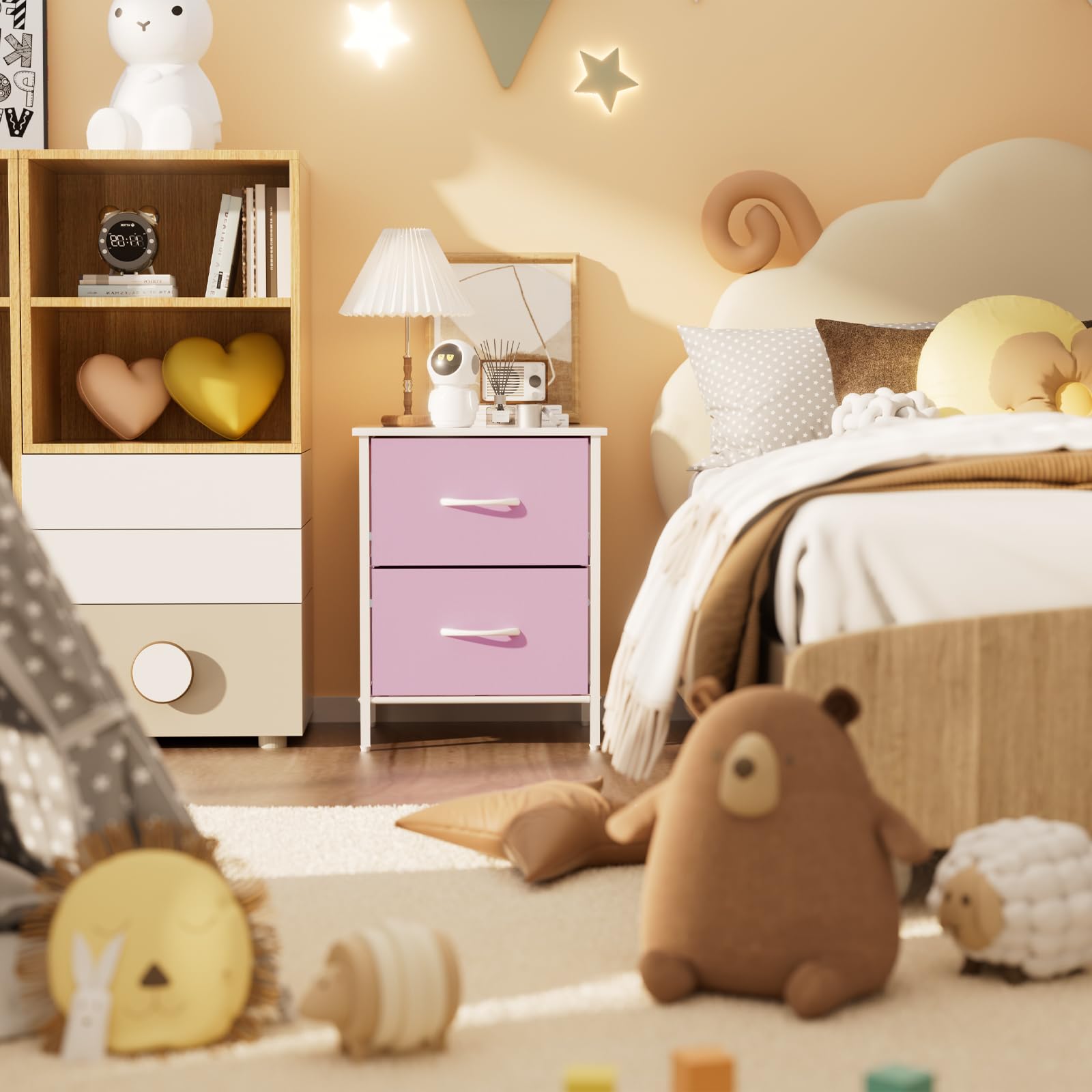 2-Drawer Pink Nightstand with Steel Frame