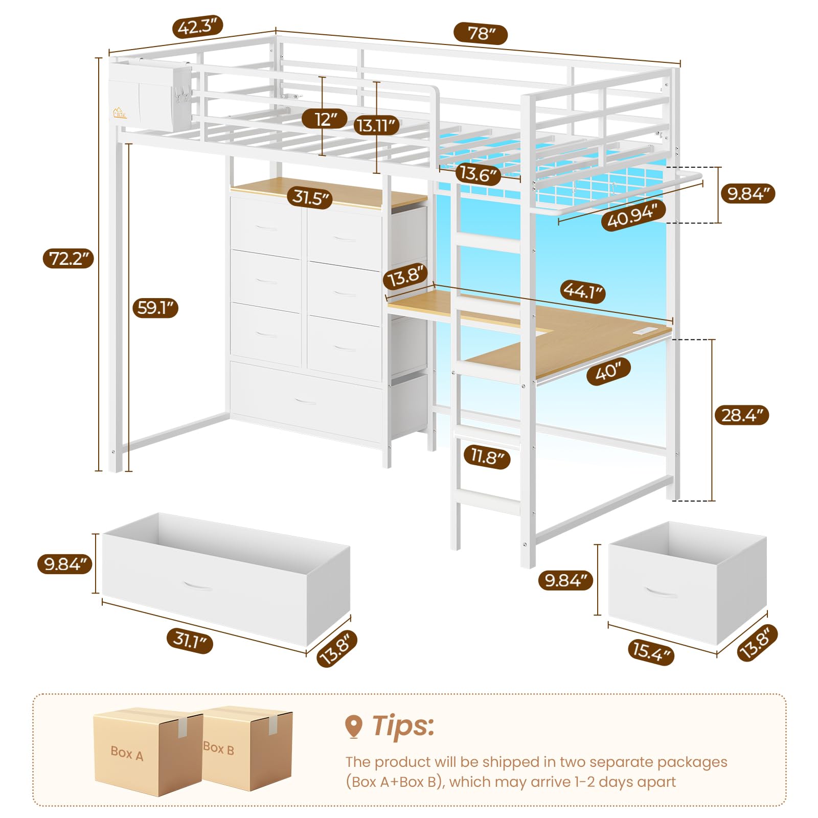 Twin Loft Bed with L-Shaped Desk and Storage Drawers