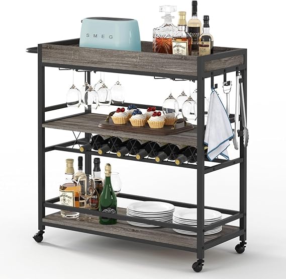 3-Tier Rolling Bar Cart with Storage