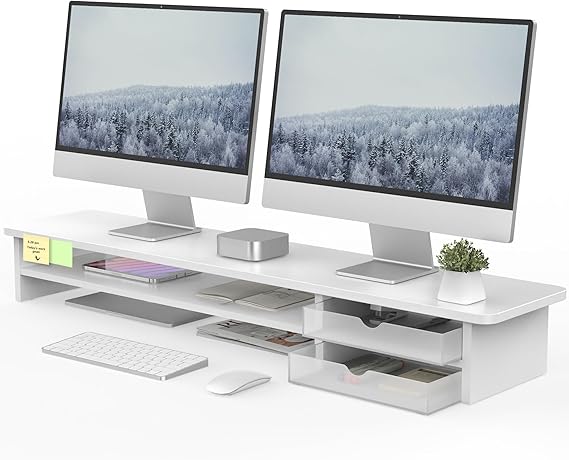 Dual Monitor Stand Riser with Drawer - 42.5 Inch Desktop Organizer