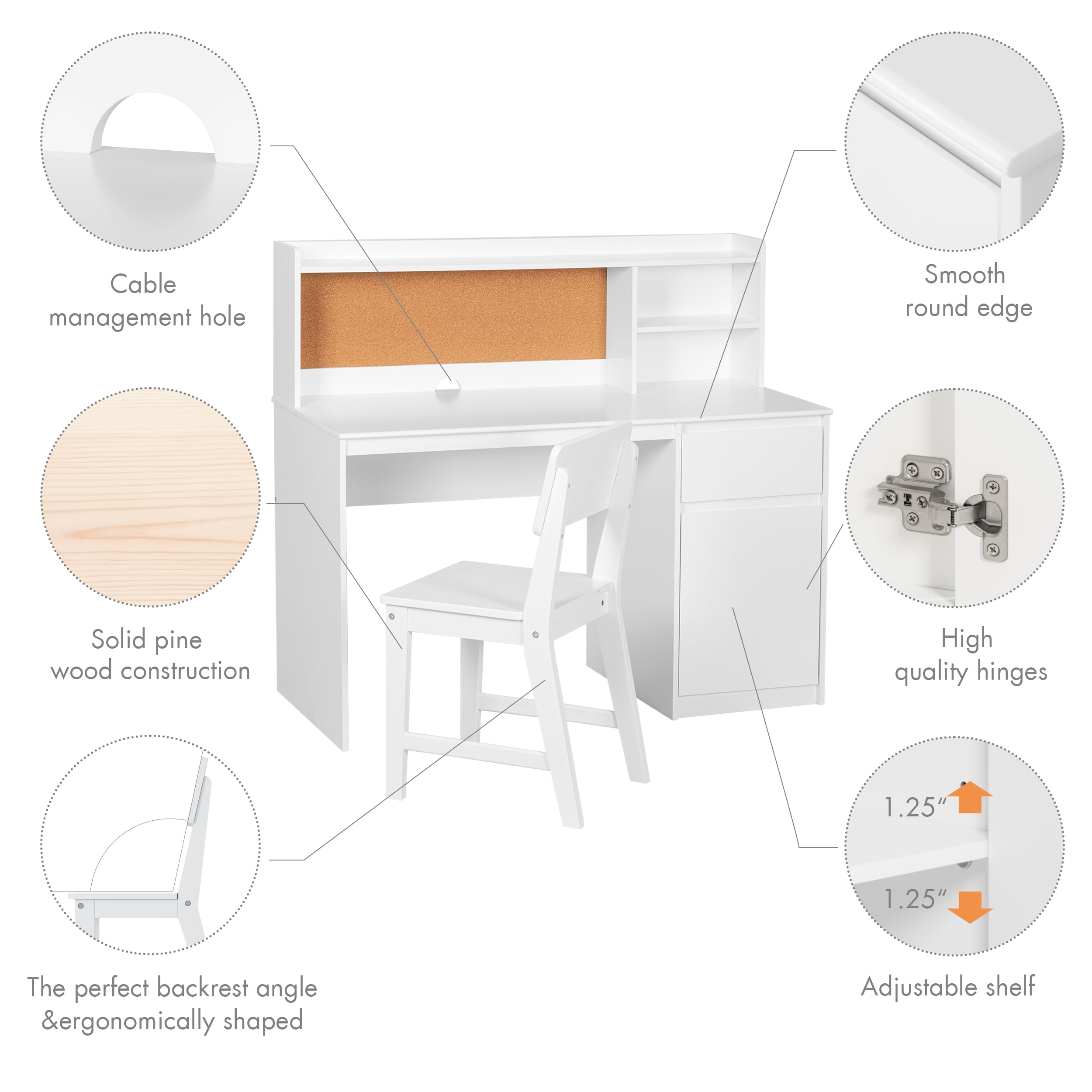 Kids Study Desk with Chair Set - Hutch and Storage Cabinet