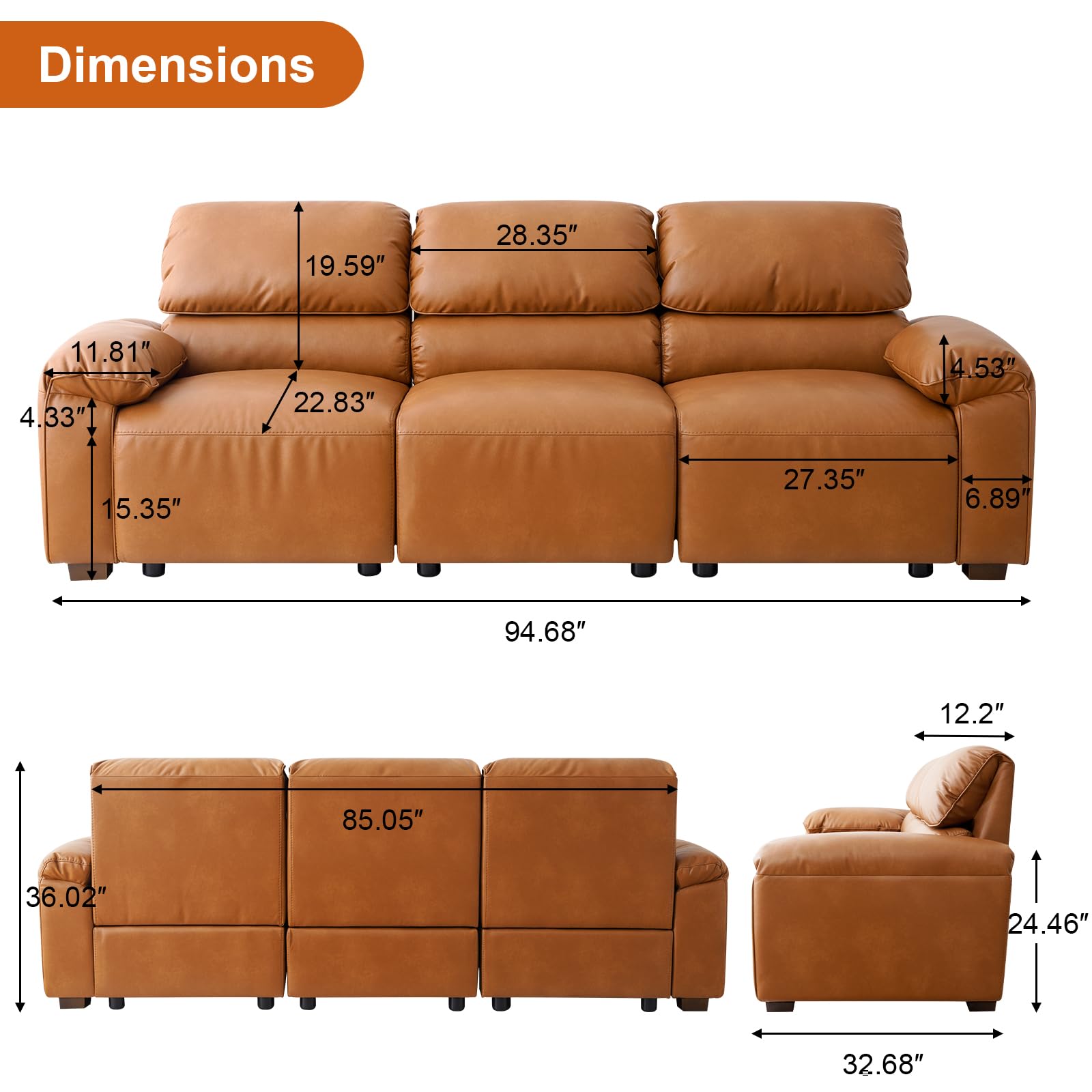 95" Mid-Century Modern PU Leather Sofa