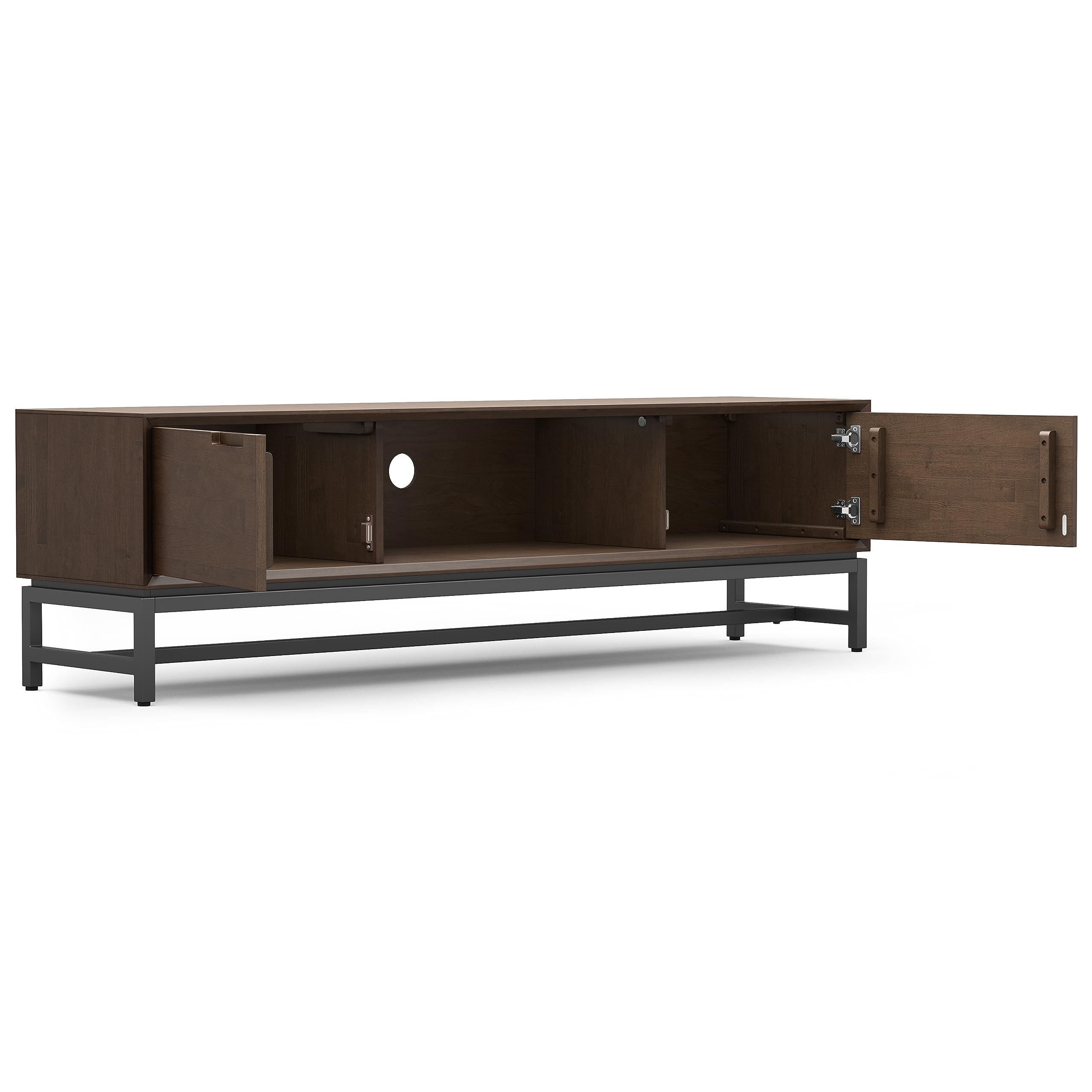 SIMPLIHOME Banting TV Stand - 72 inch Wide Solid Wood Low Media Console in Walnut Brown, Modern Industrial Entertainment Center for Living Room for TVs up to 80 Inches with Open Shelf and Metal Base