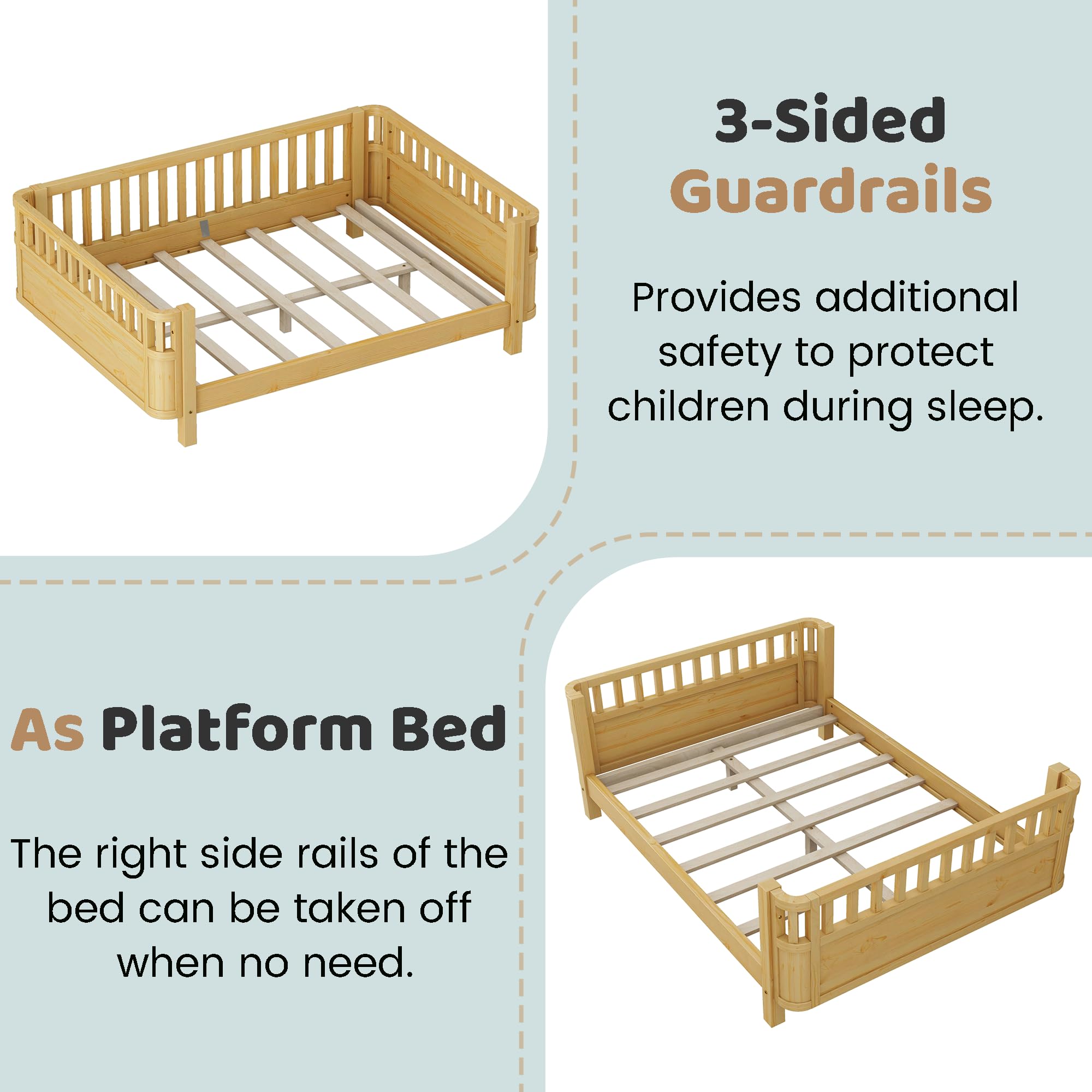 Full Size Montessori Bed Frame with Rails