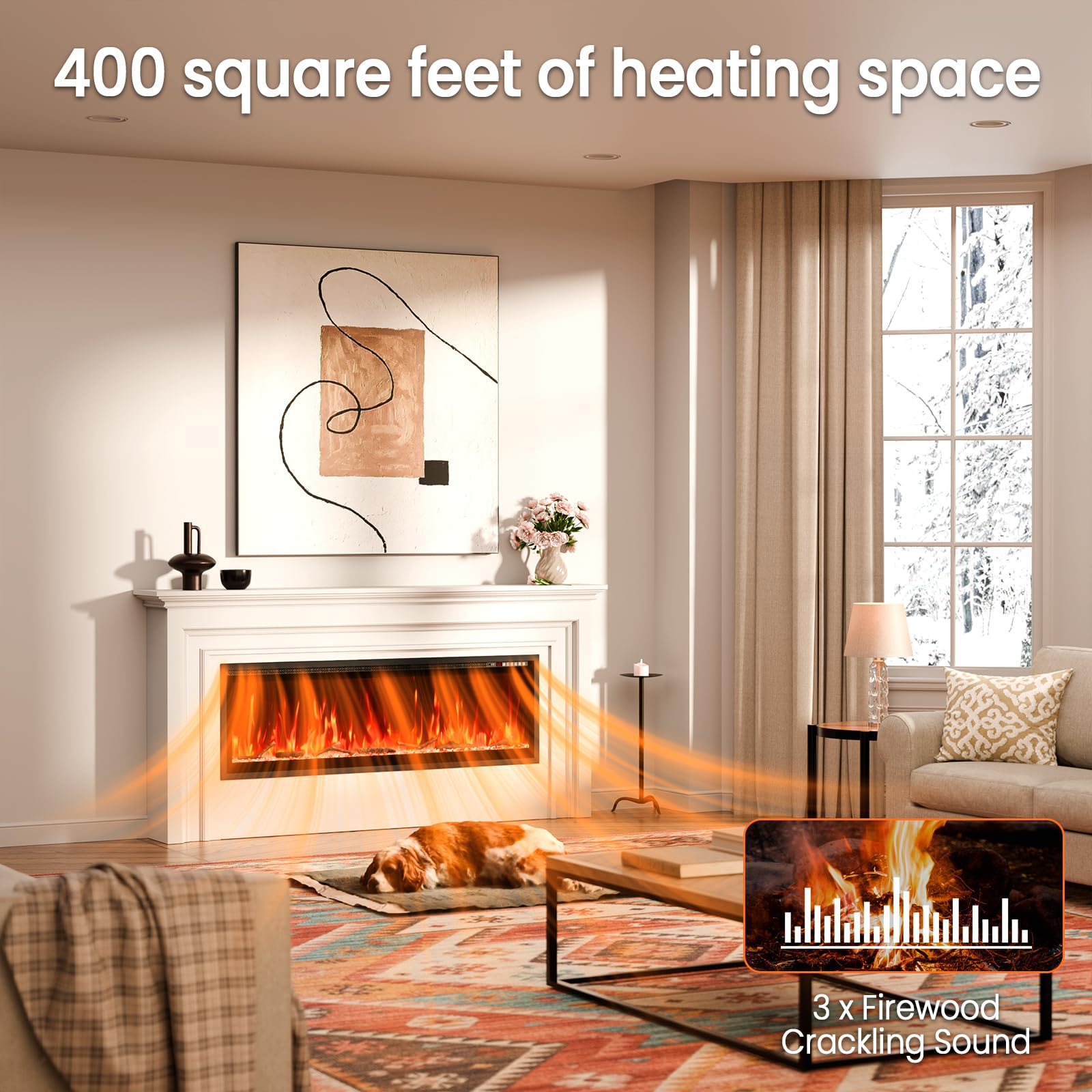 60" Smart Electric Fireplace with Voice Control and Realistic Flame