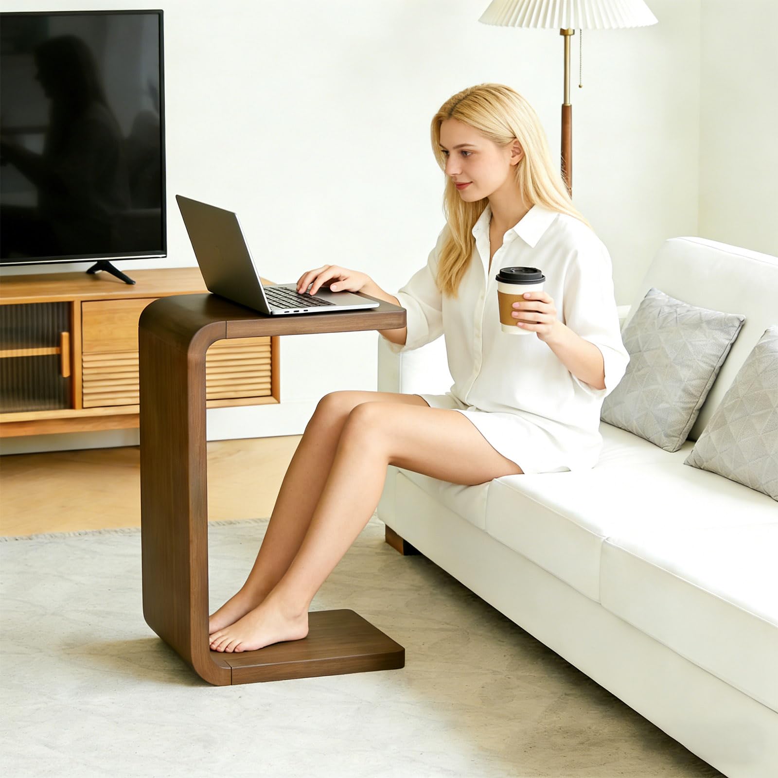 C-Shaped End Table Walnut Wood Sofa Side Table