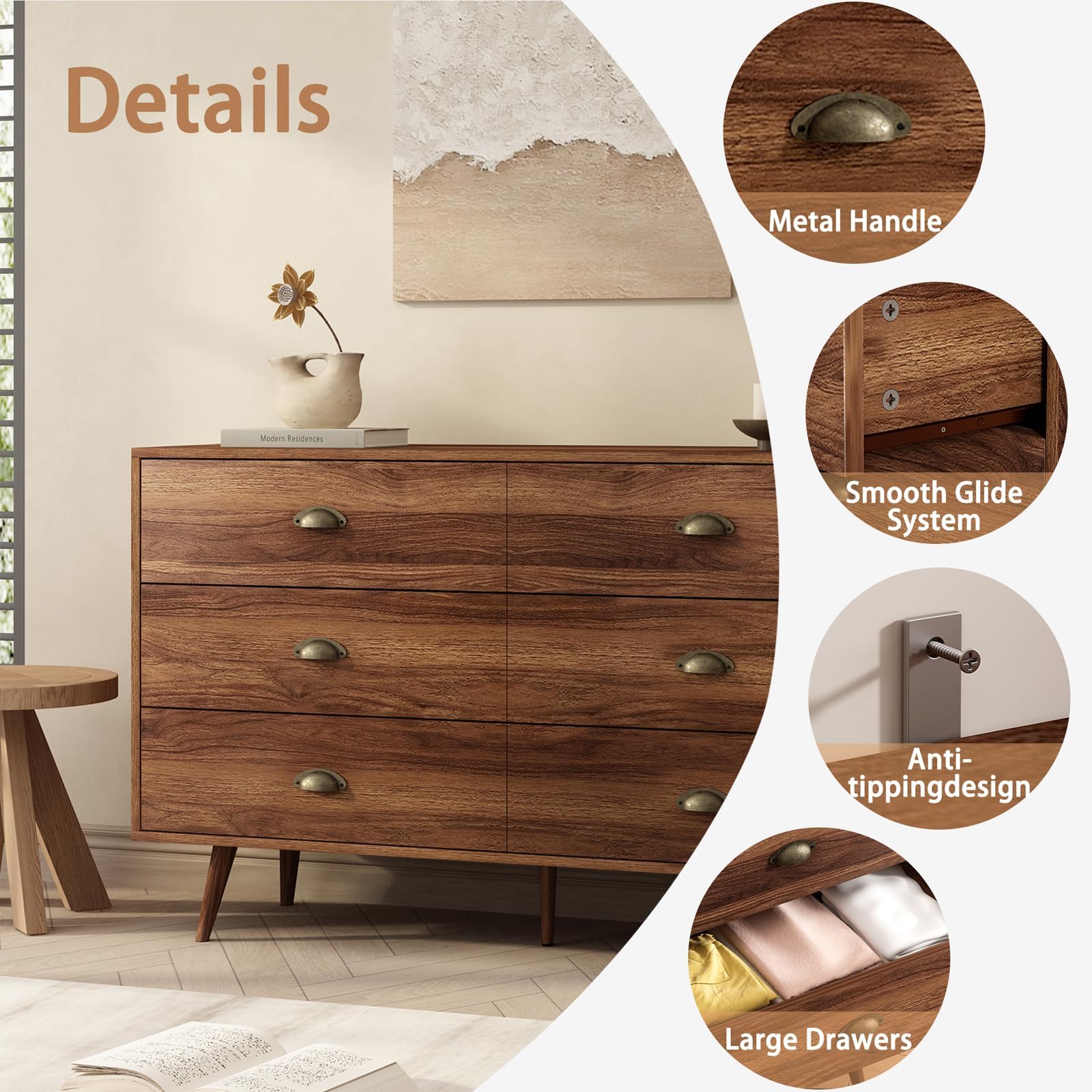 6 Drawer Walnut Brown Dresser