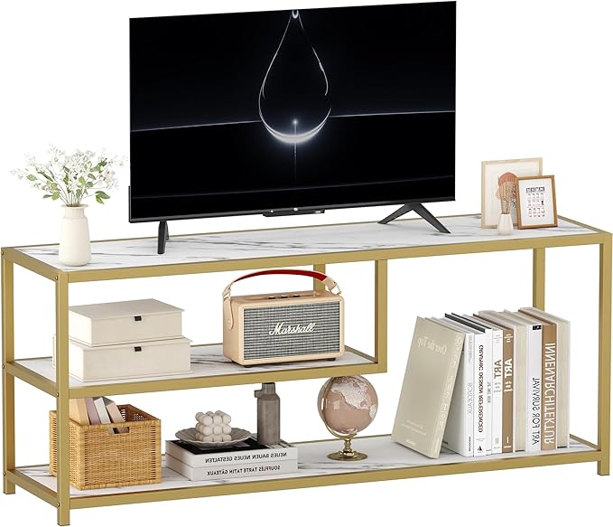 47" TV Stand Faux Marble Top Gold Metal Legs