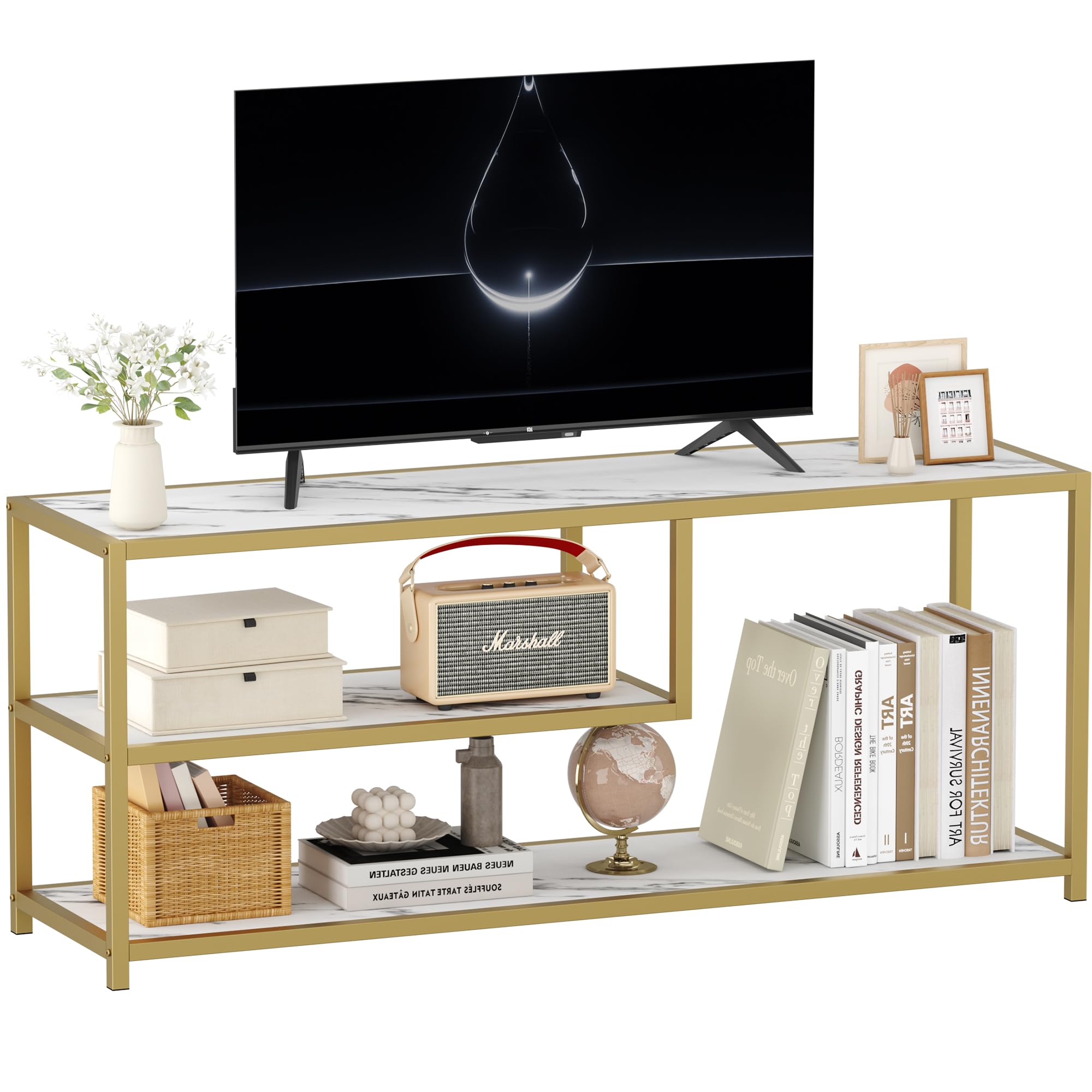 47" TV Stand Faux Marble Top Gold Metal Legs