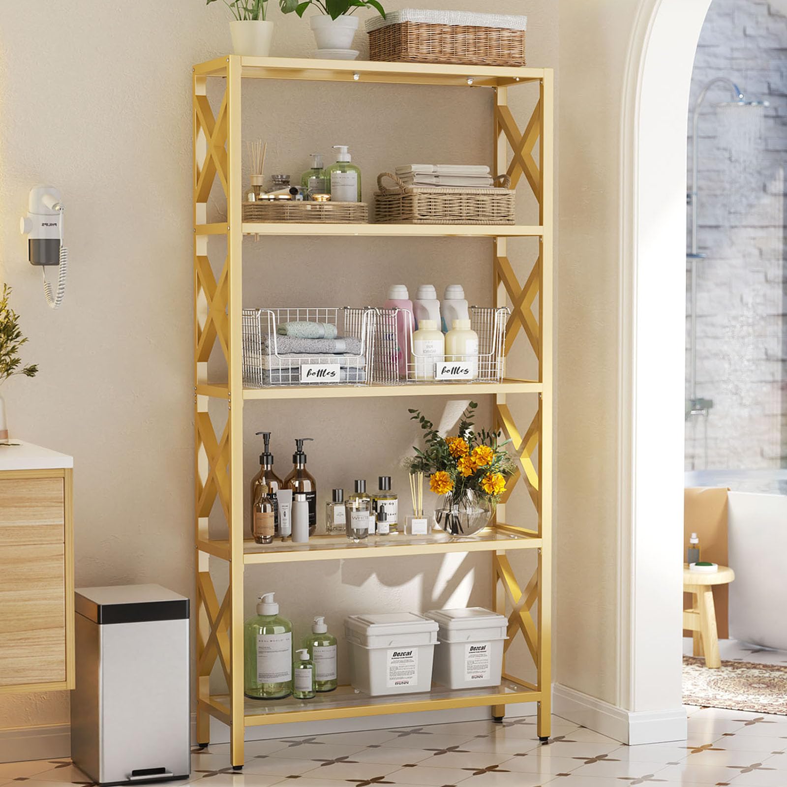 5-Tier Glass Bookshelf with LED Light