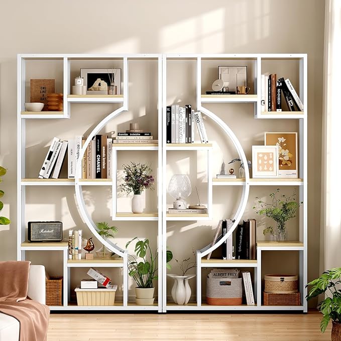 White and Gold Bookshelf Set of 2 - 5 Tier Geometric Bookcase with Metal Frame