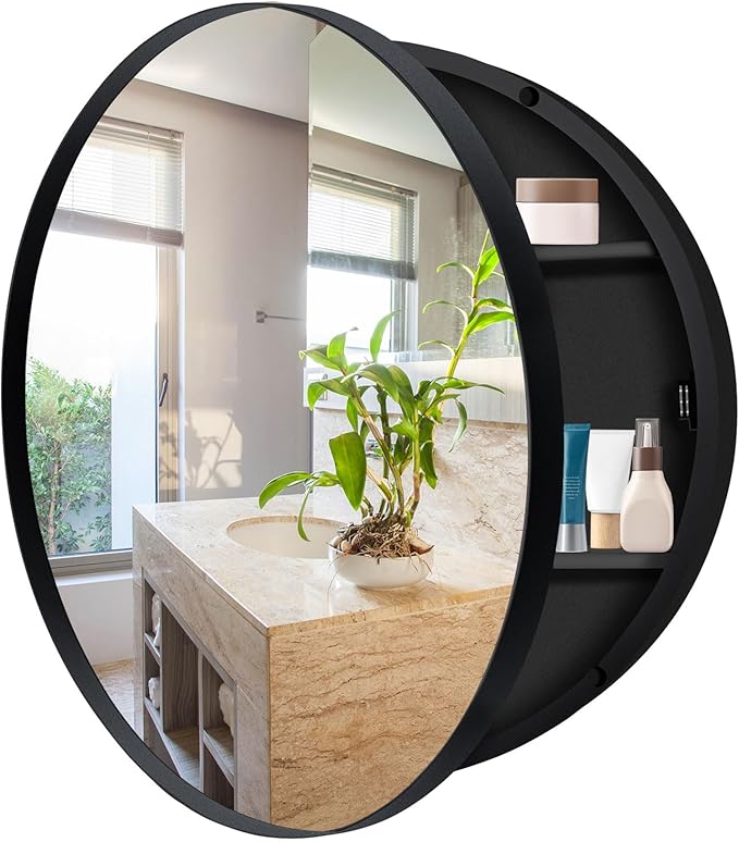 24 Inch Round Medicine Cabinet with Mirror - Black Metal Frame