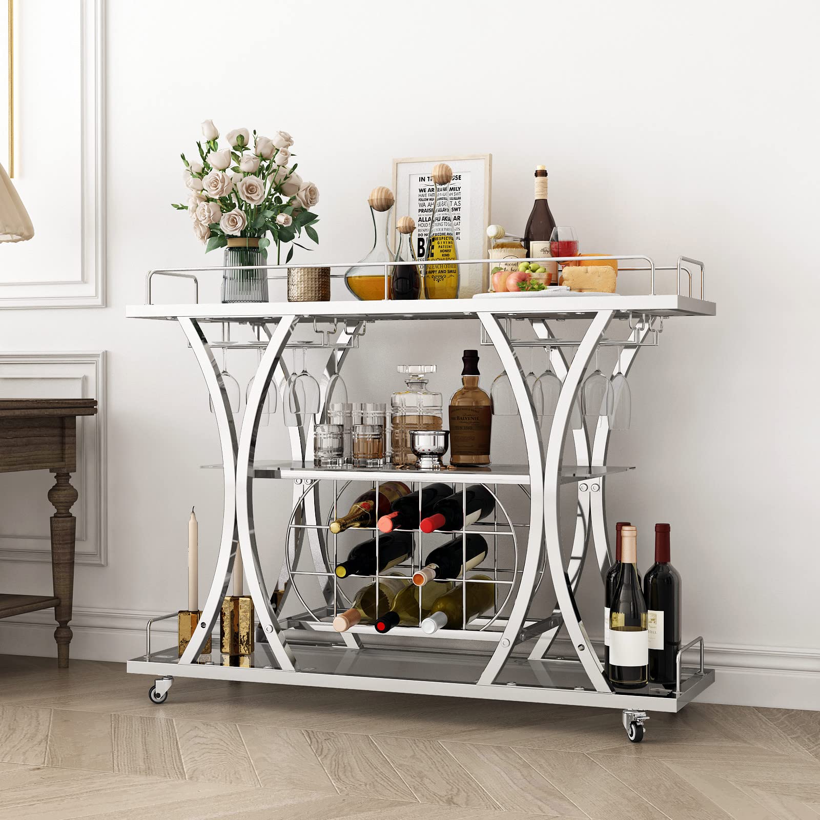 3-Tier Silver Bar Cart with Glass Holders and Wine Rack