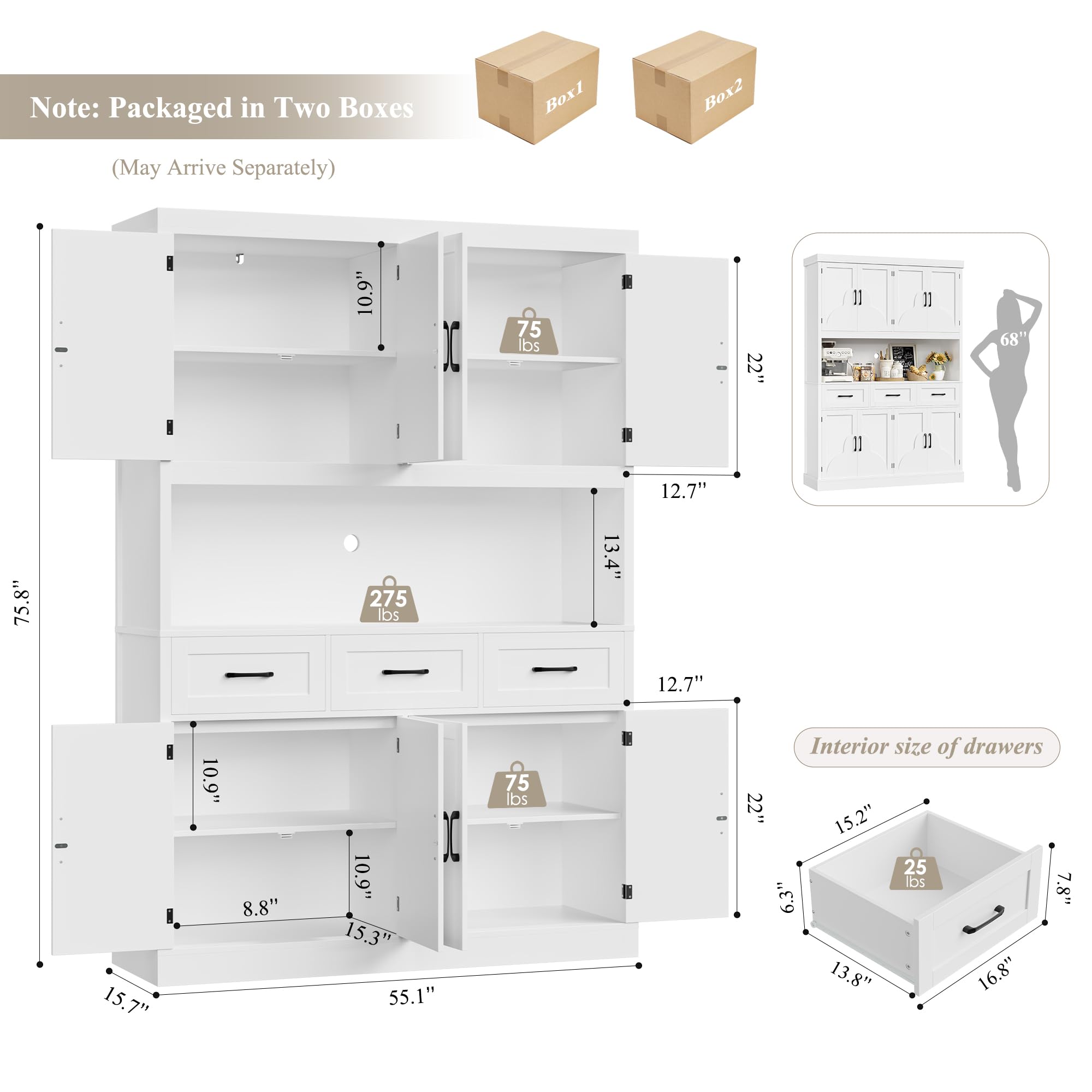 76" Tall Kitchen Pantry Storage Cabinet with Drawers