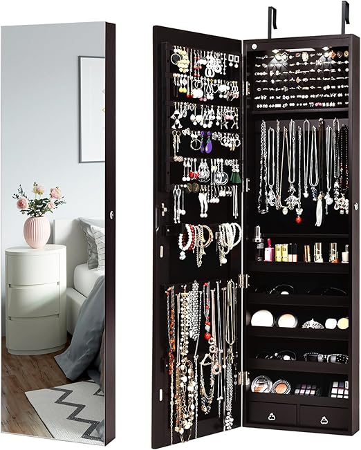 Wall-Mounted Jewelry Armoire with Full-Length Mirror and LED Lights