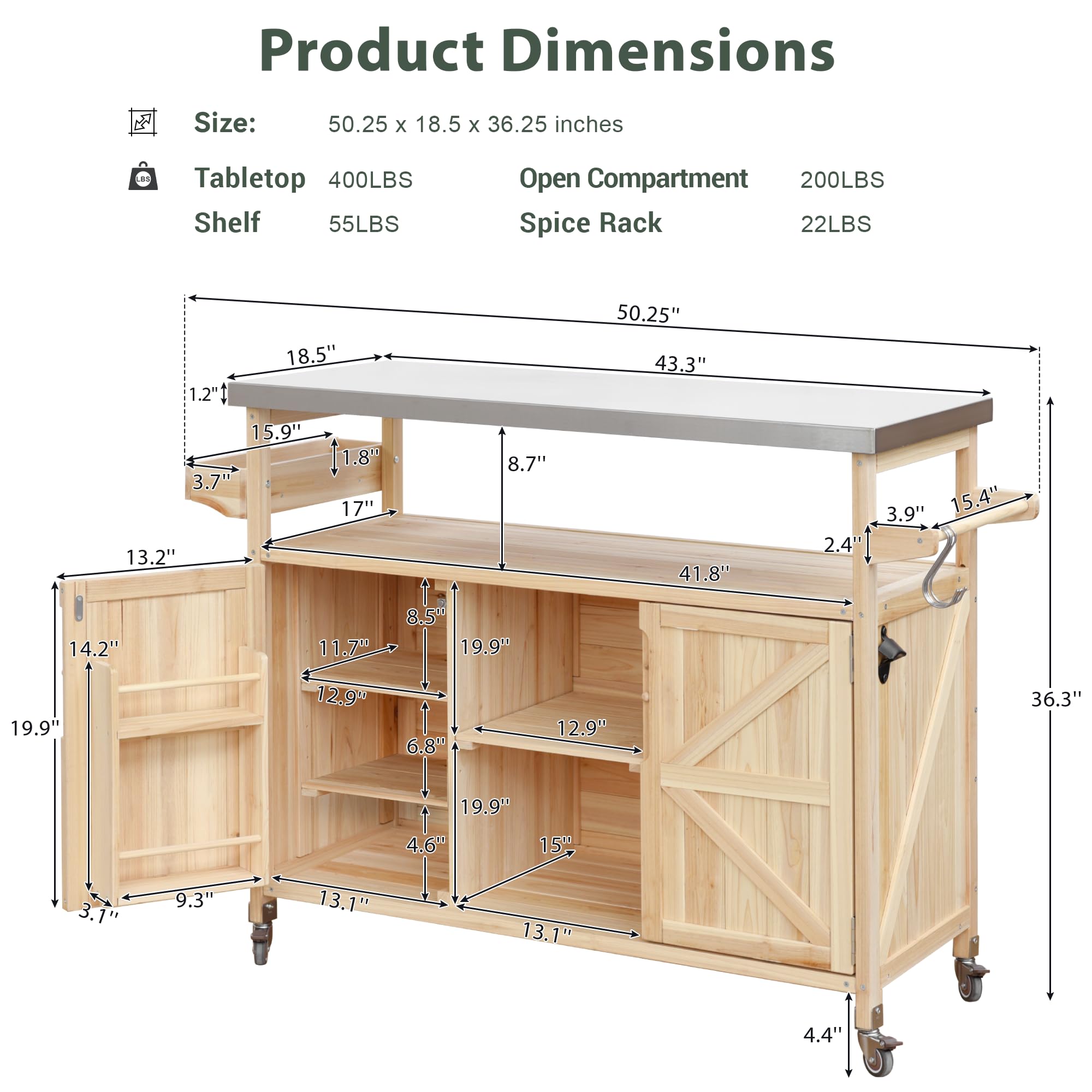 Outdoor Kitchen Island on Wheels with Stainless Steel Top & Storage Cabinet – Natural Fir Wood