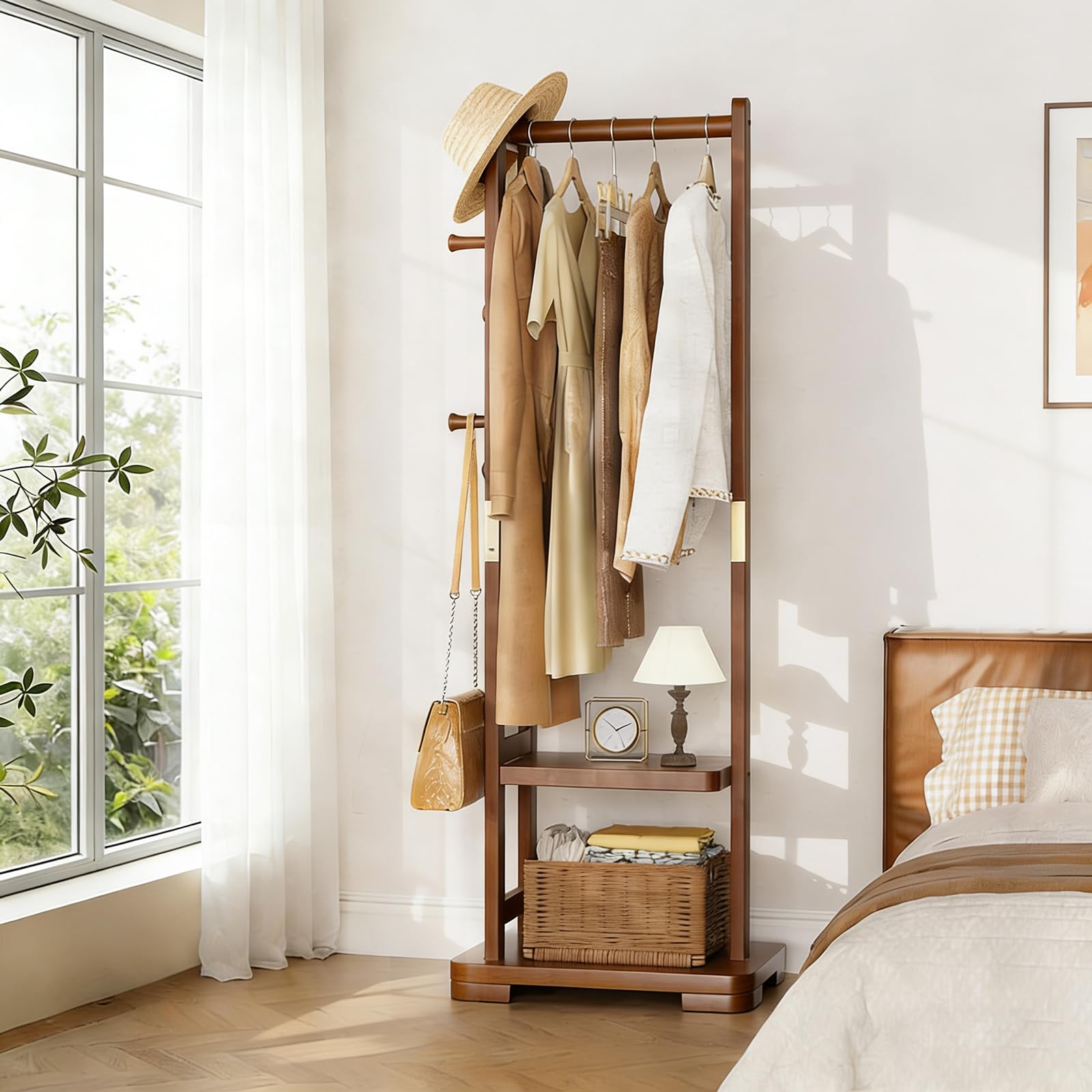 Solid Wood Coat Rack with 2 Shelves & 4 Hooks