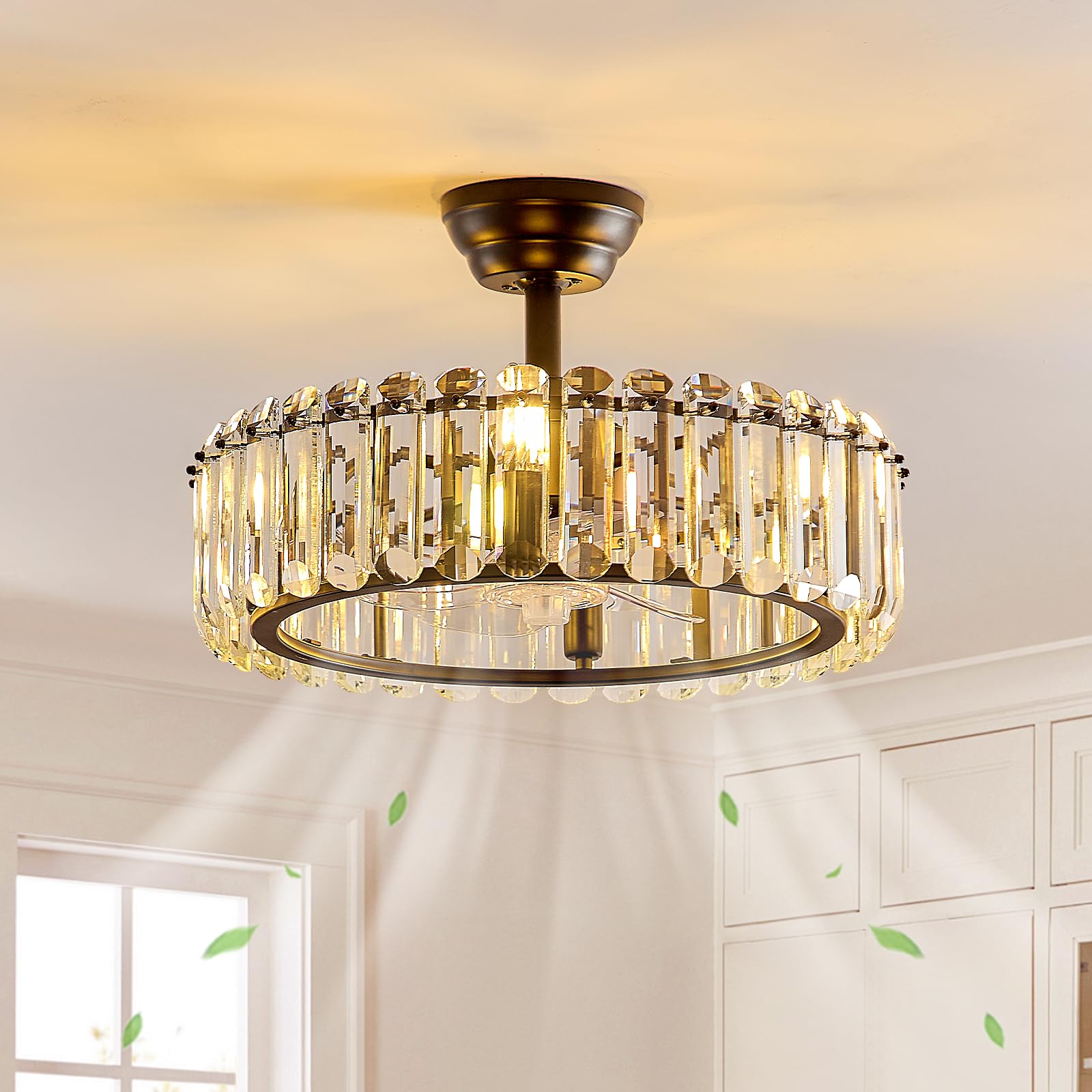 19.7 Inch Black Caged Crystal Ceiling Fan with Light