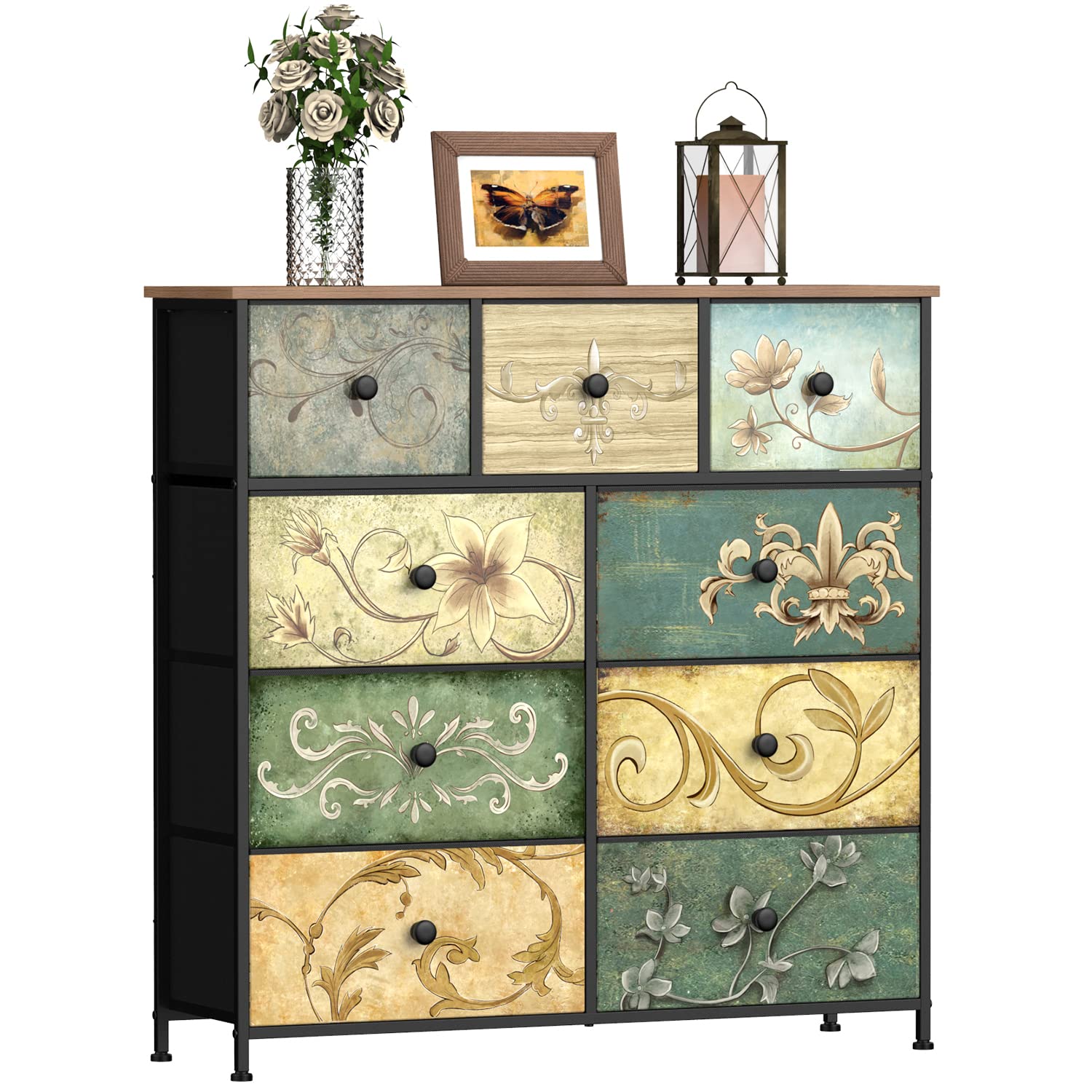 9-Drawer Fabric Dresser with Retro Floral Pattern