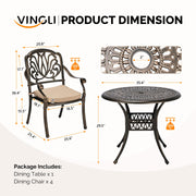 VINGLI 5-Piece Outdoor Patio Dining Set, Cast Aluminum All-Weather Outdoor Table and Chairs w/Cushion, Outdoor Furniture Set w/Umbrella Hole for Backyard Deck Poolside (Round, Elizabeth Back)
