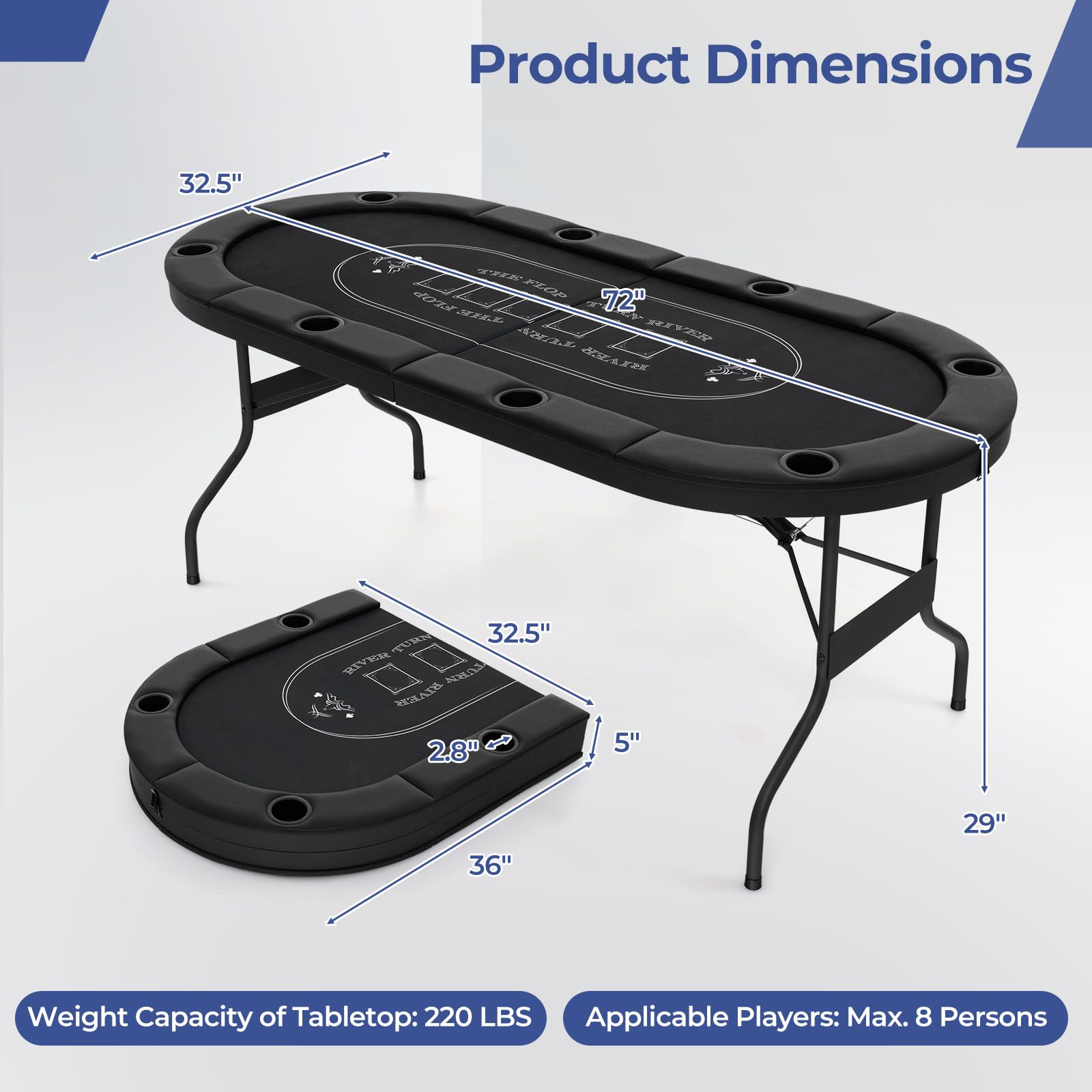 8 Player Poker Table Foldable 72 Inch Oval Card Game Table