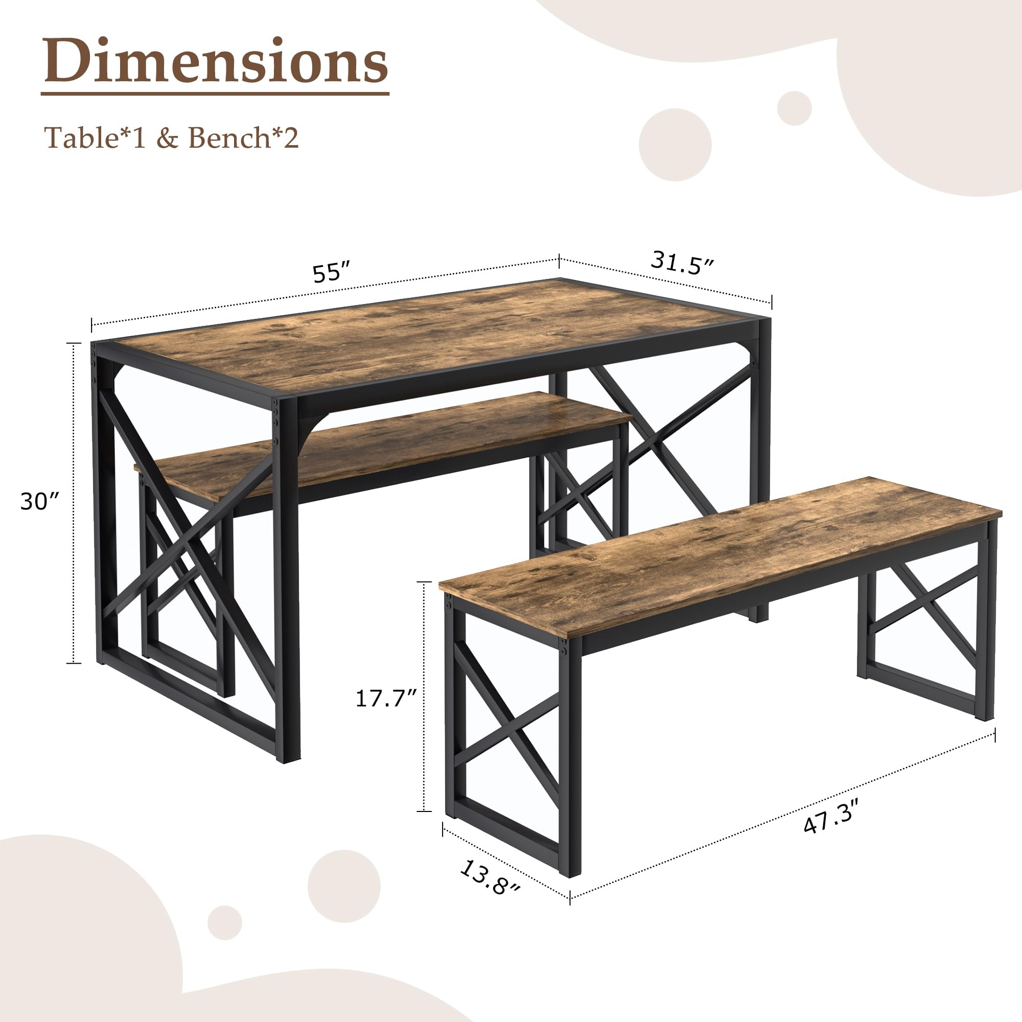 55" Dining Table Set with 2 Benches