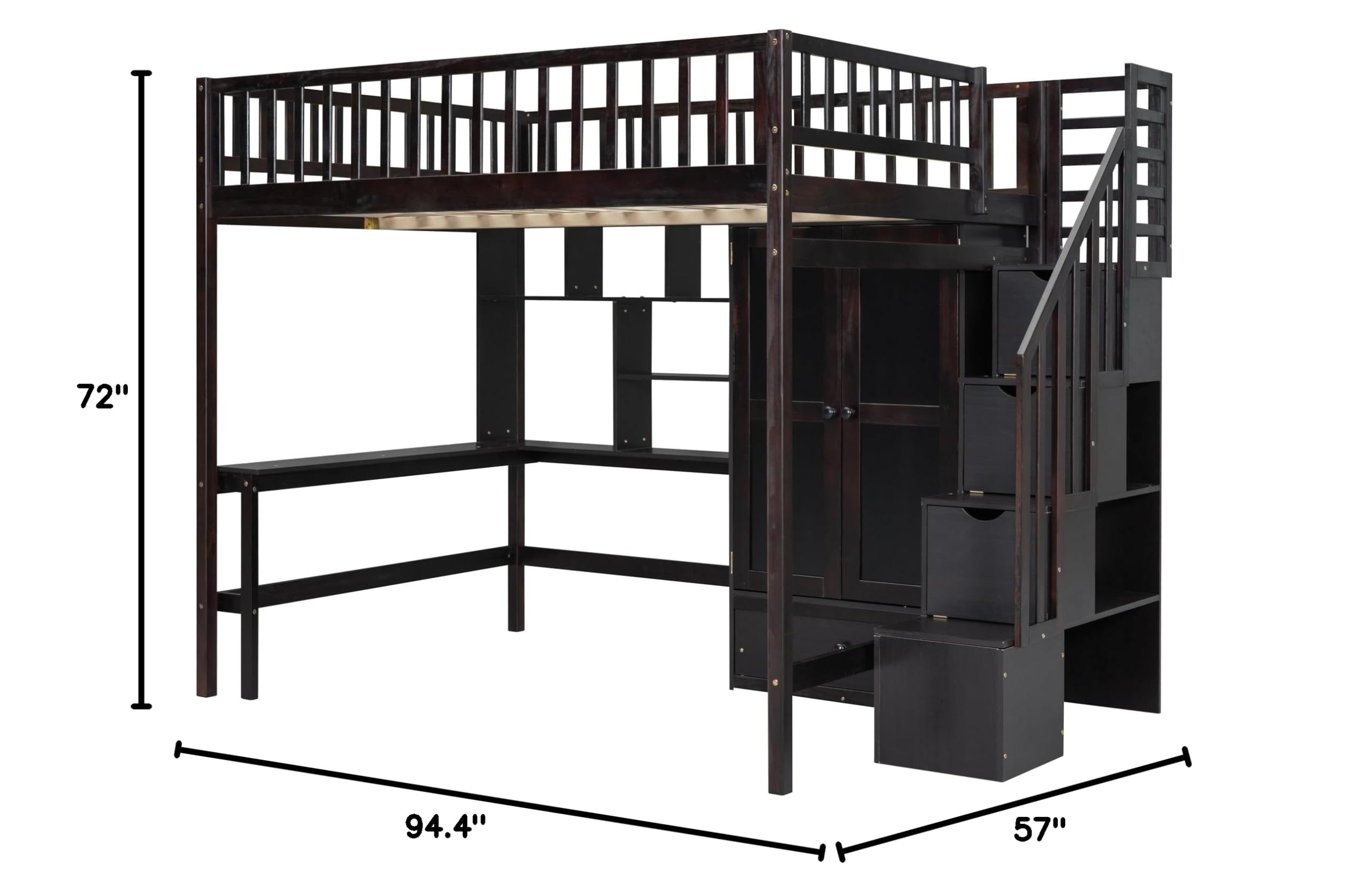 Full Size Loft Bed with Stairway, Wardrobe, Desk and Drawers
