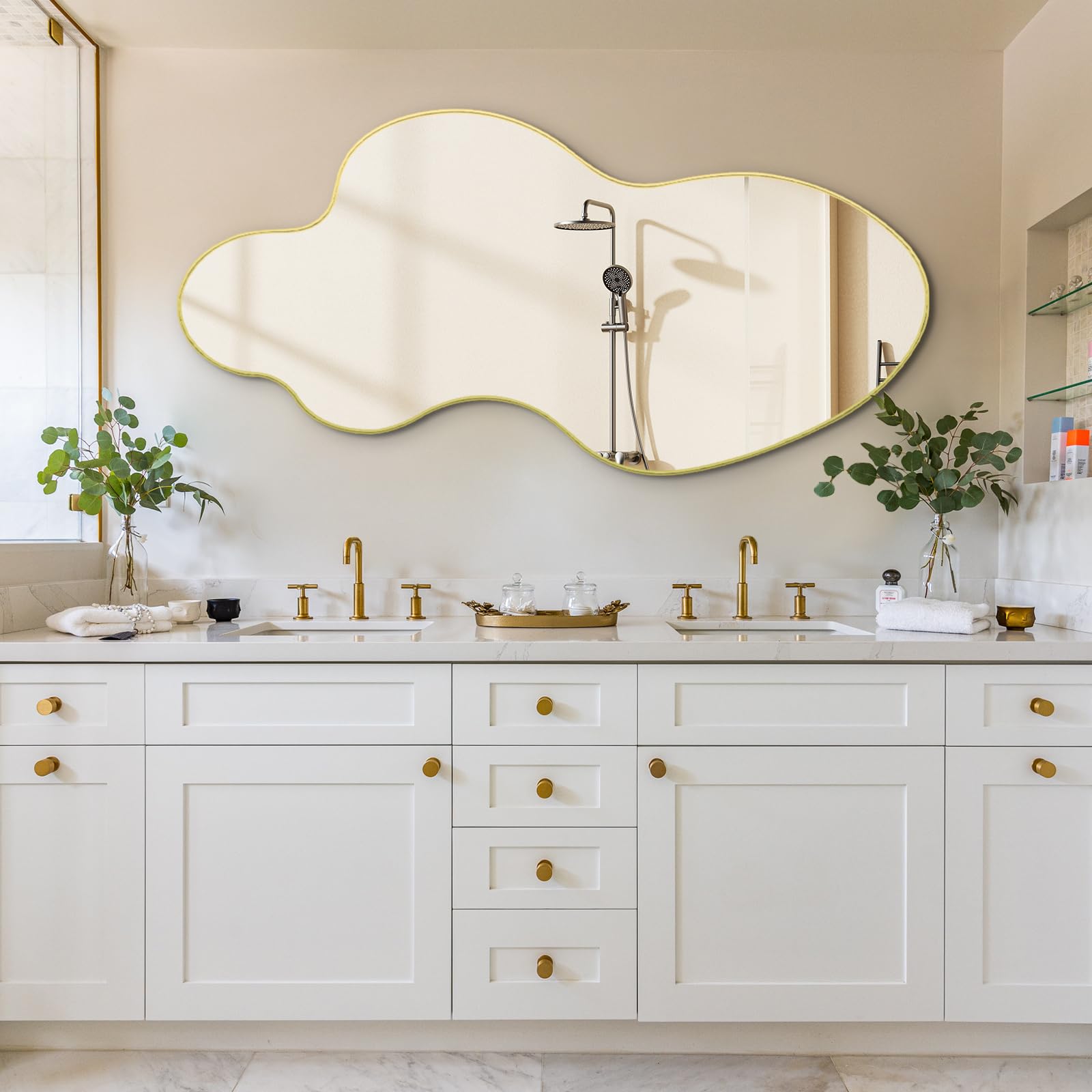 Irregular Asymmetrical Wall Mirror 55x26 with Gold Metal Frame