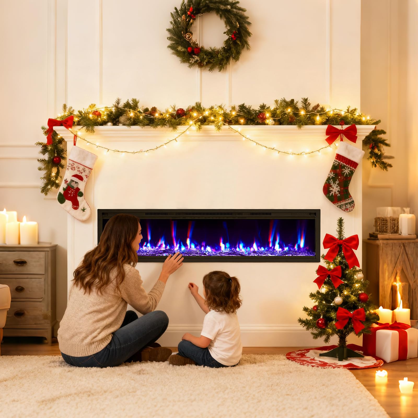 60 Inch Electric Fireplace Wall Mounted Recessed with Remote Control